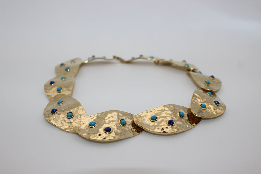 French Hammered Gold Turquoise & Navy Necklace