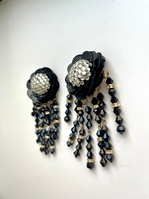 Huge 80s Black Crystal Flower Cascade Clip On Earrings