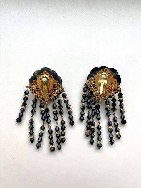 Huge 80s Black Crystal Flower Cascade Clip On Earrings