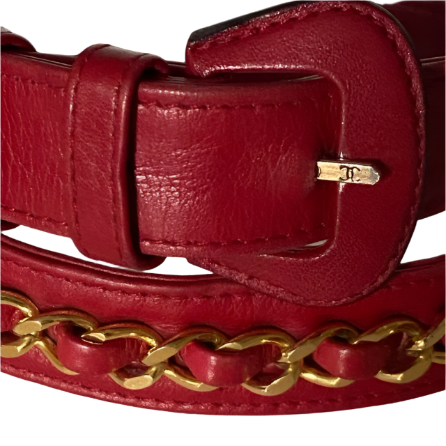 90s Chanel CC Logo Red Leather Chain Belt