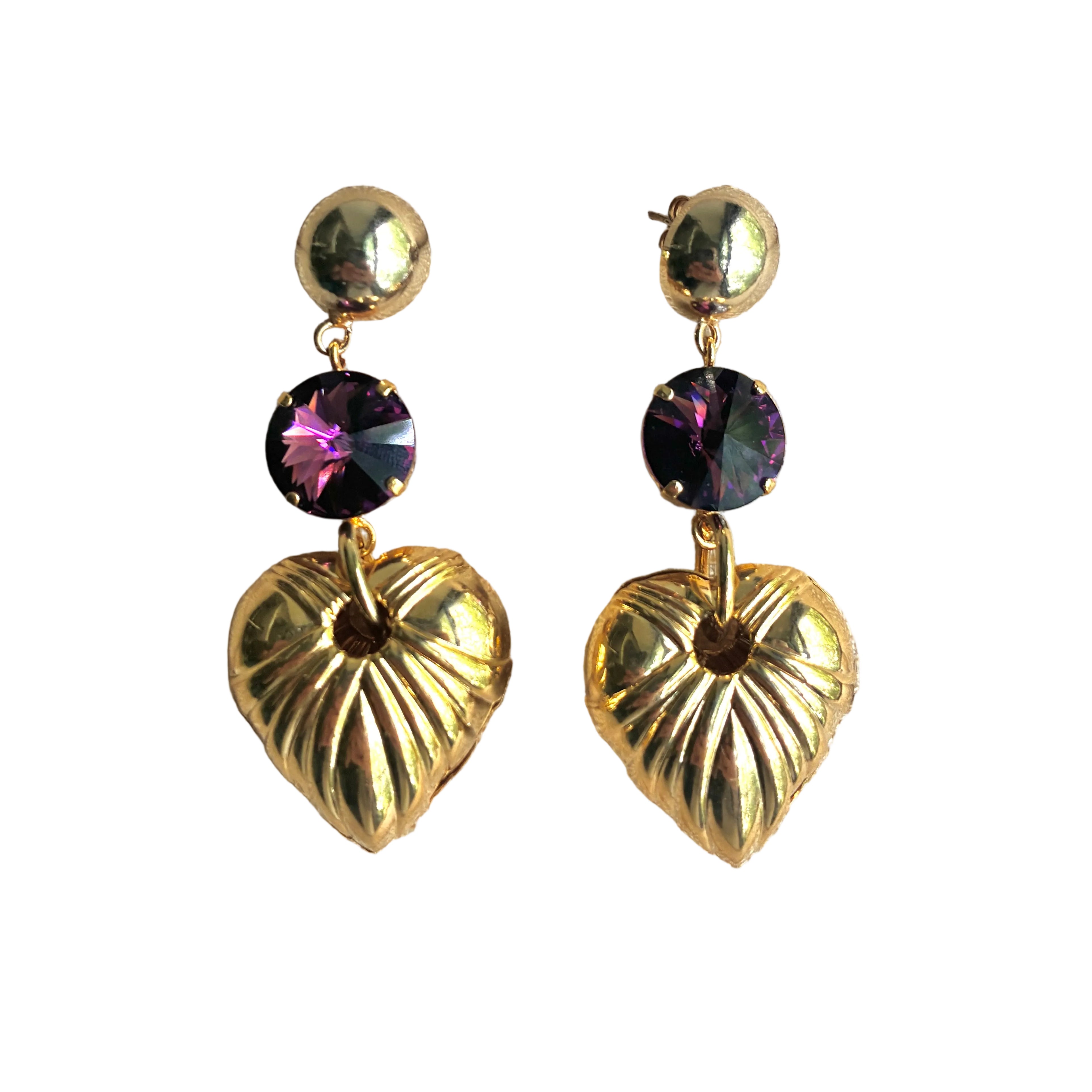 Vintage Italian  Purple Crystal Heart Drop Post Earrings