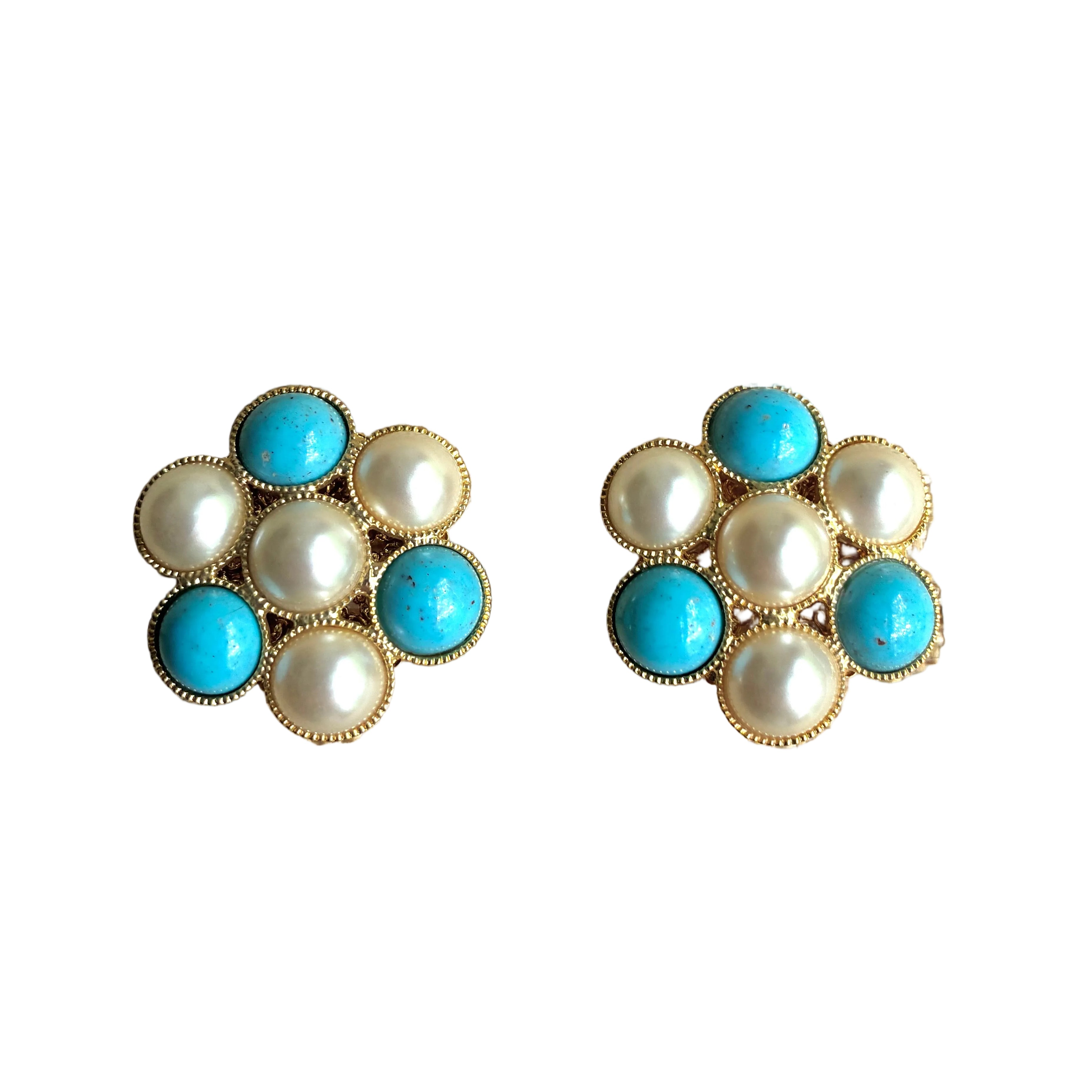 Vintage Italian Turquoise and Pearl Flower Button Earrings