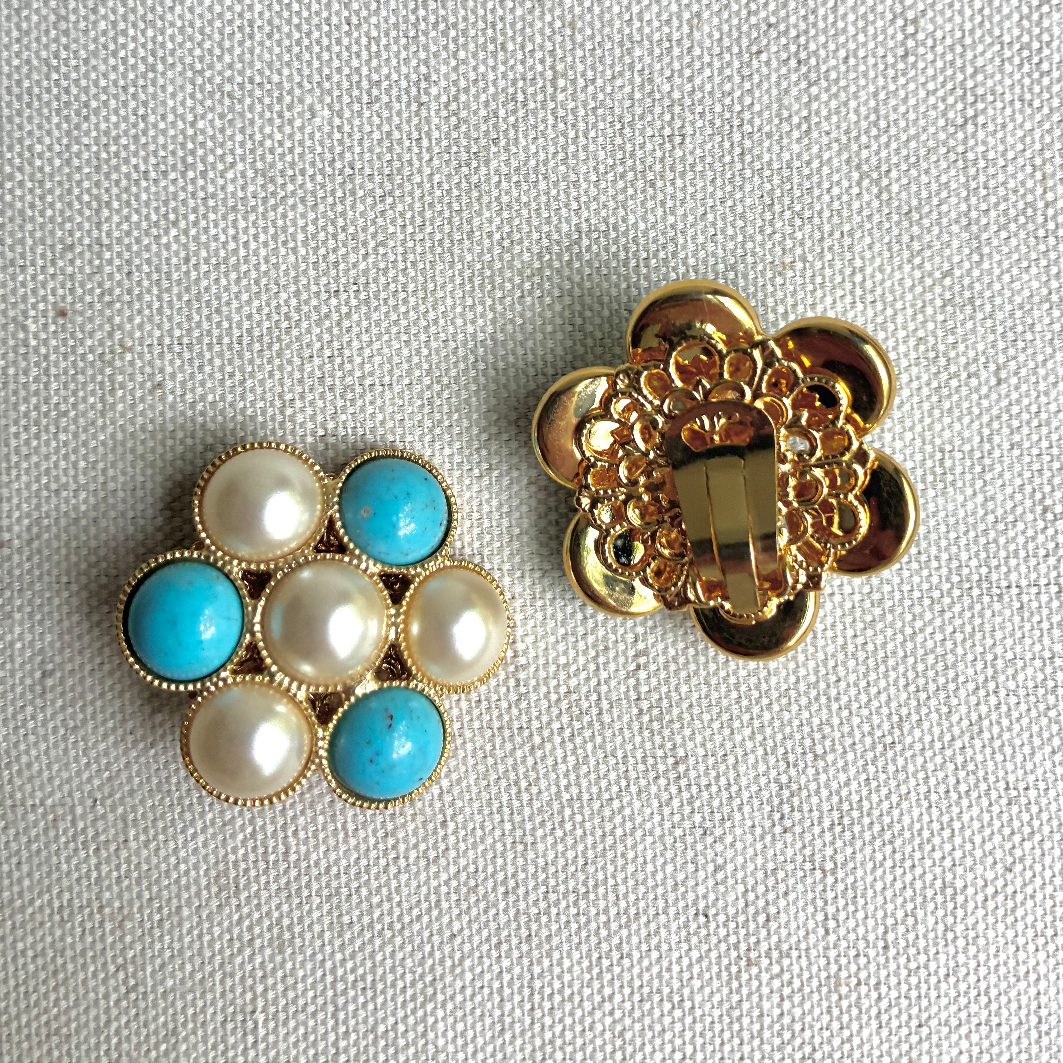 Vintage Italian Turquoise and Pearl Flower Button Earrings