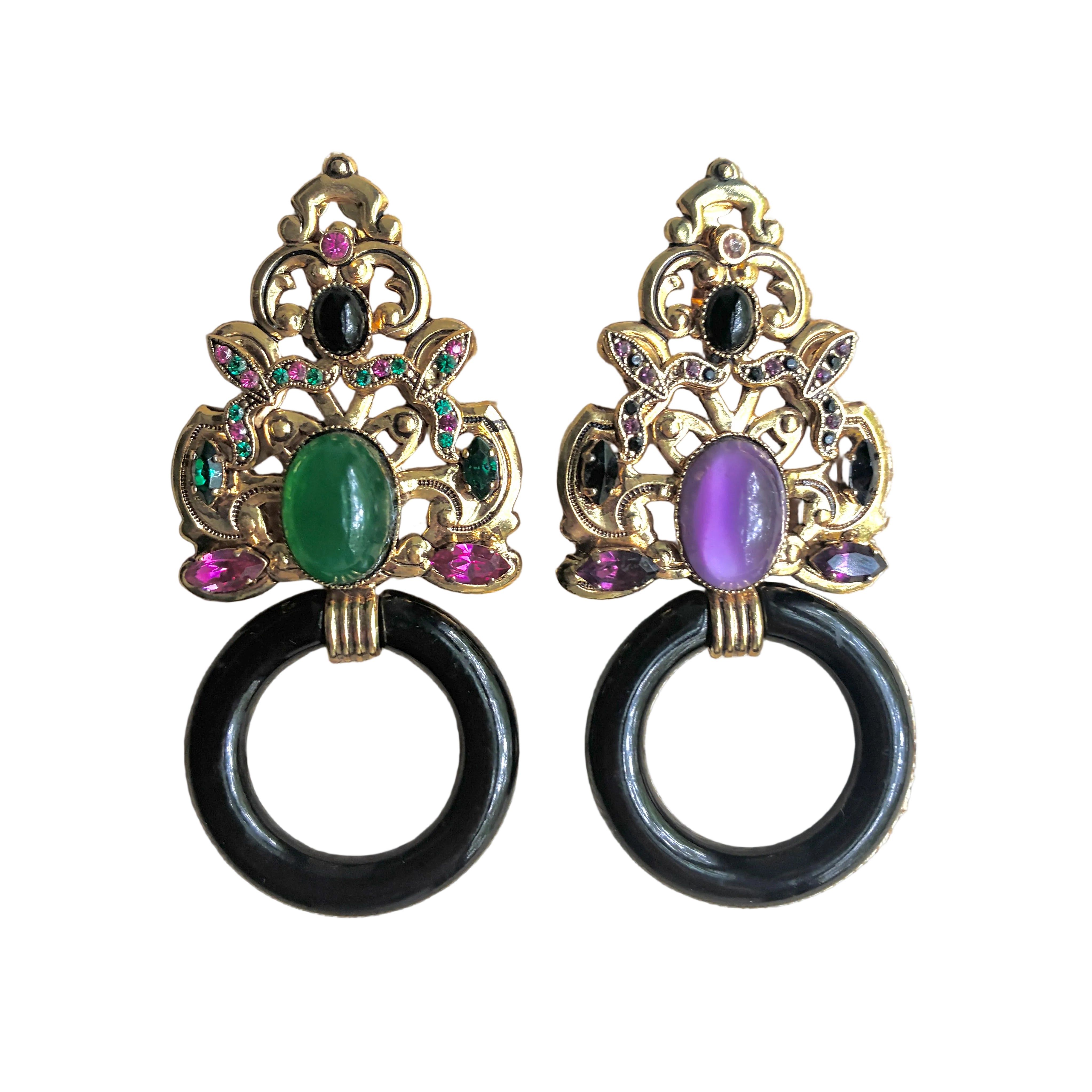 Vintage Italian Ornate Black Hoop Earrings