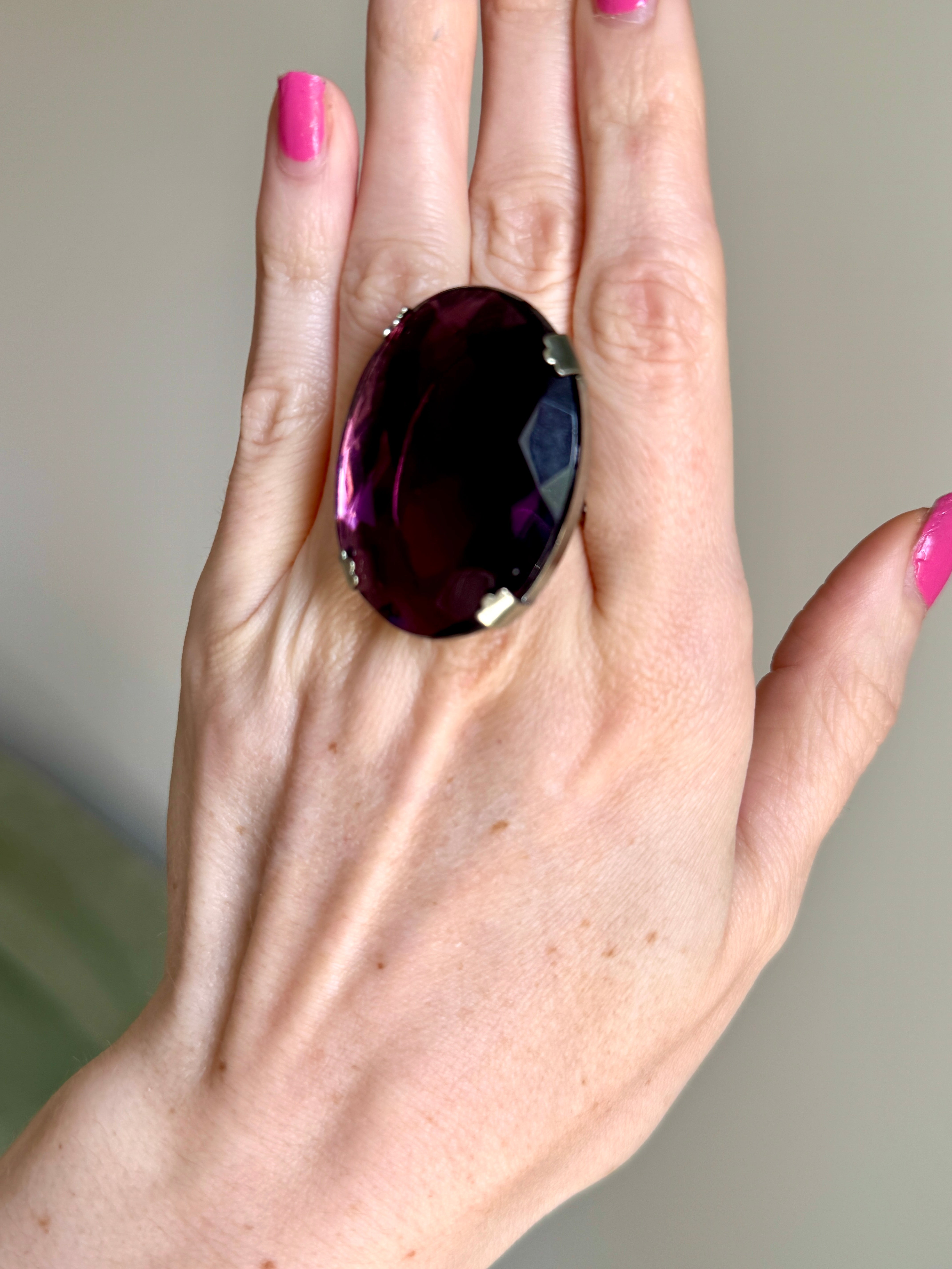 Huge Vintage Italian Purple Crystal  Cocktail Ring Size 8