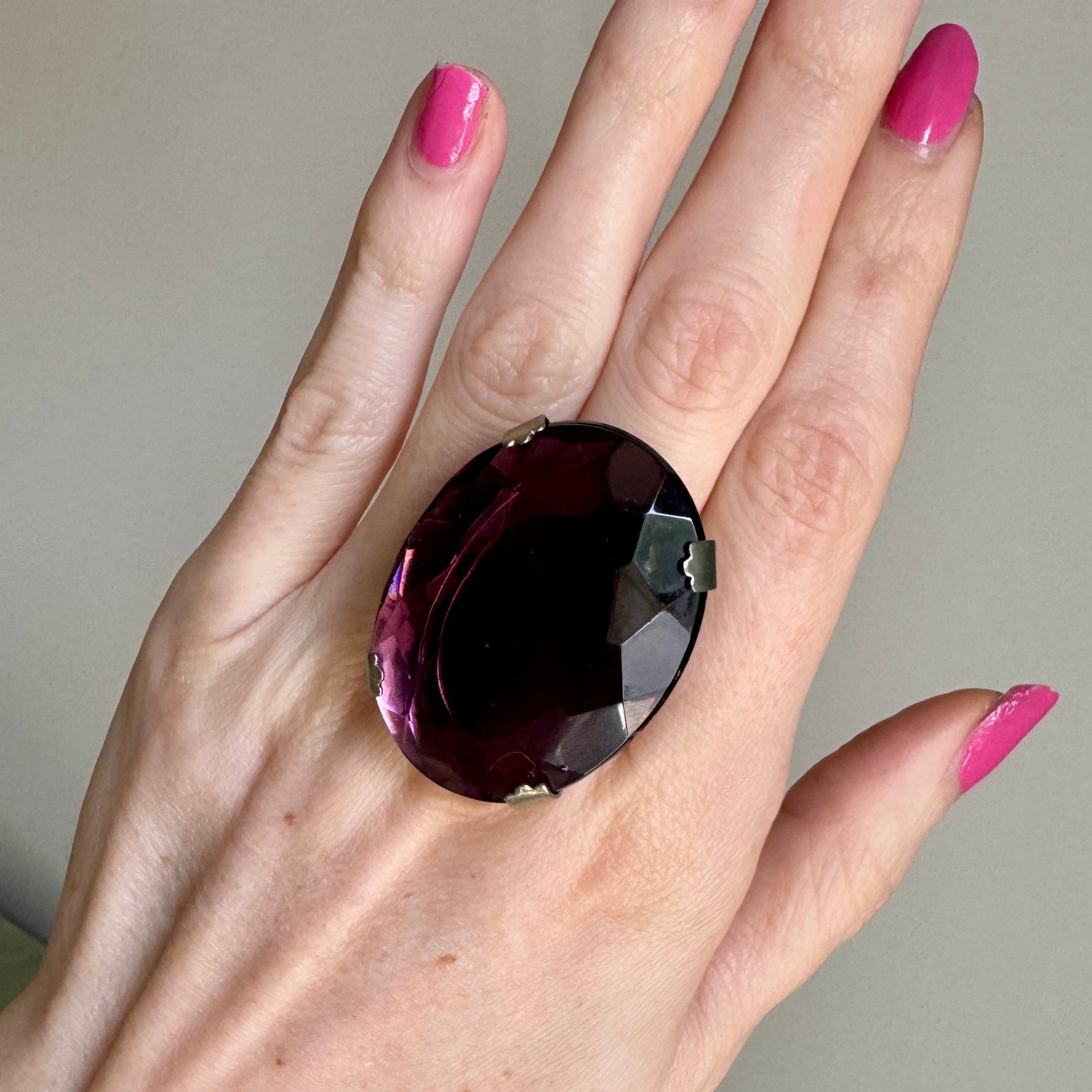 Huge Vintage Italian Purple Crystal  Cocktail Ring Size 8