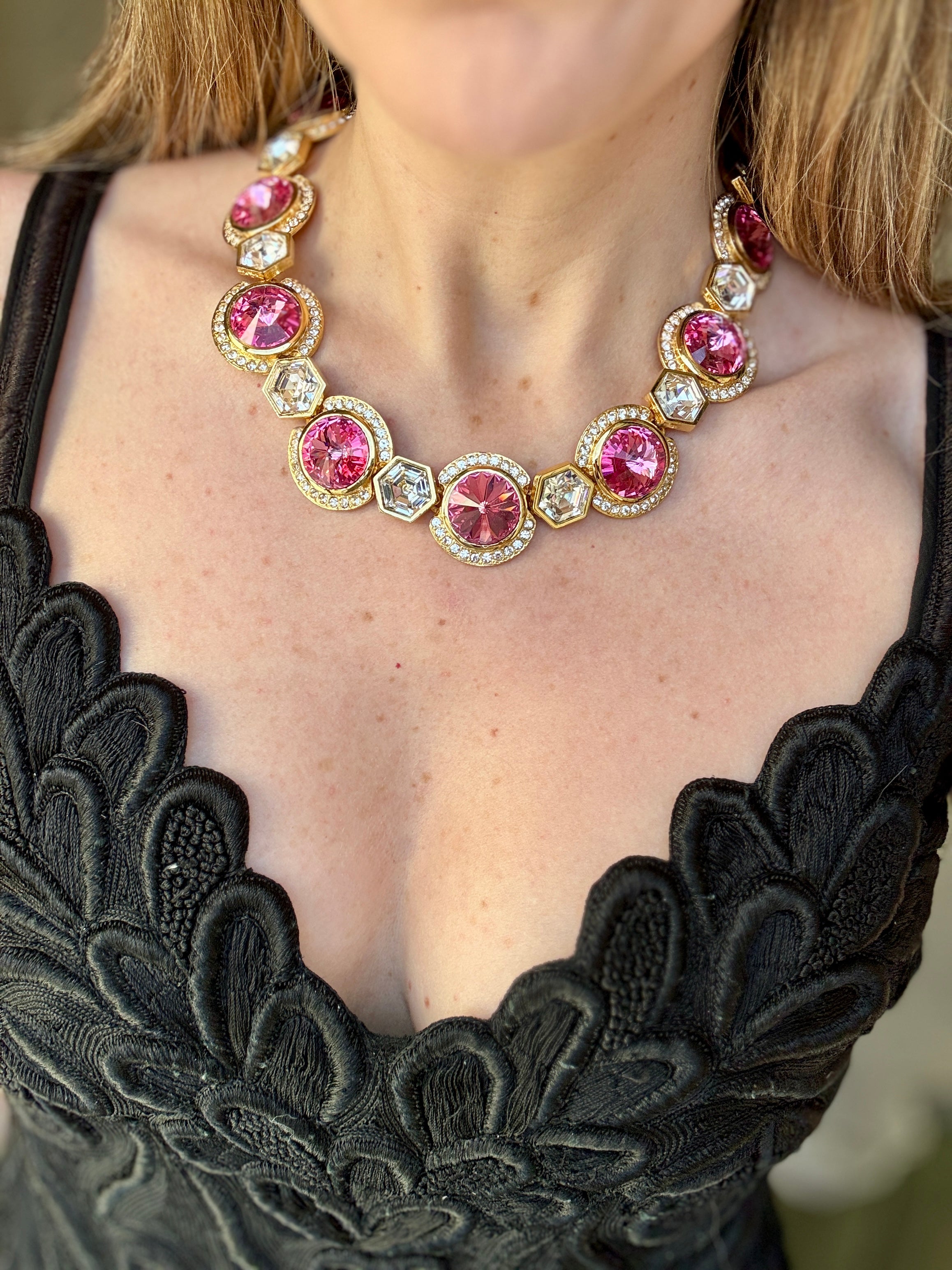 Gorgous Vintage Pink Crystal Statement Necklace