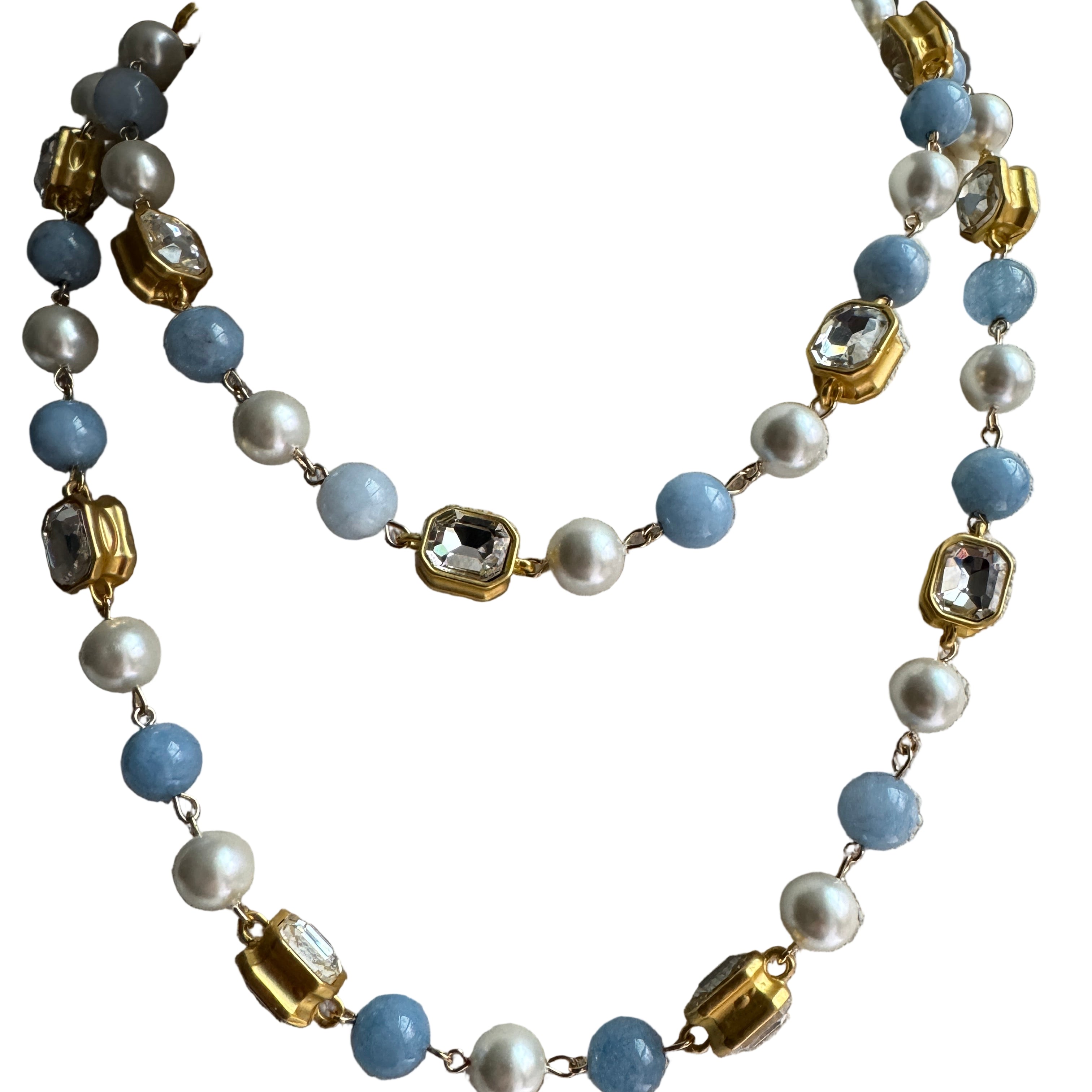 French Blue or Pink Glass Long Pearl Necklace