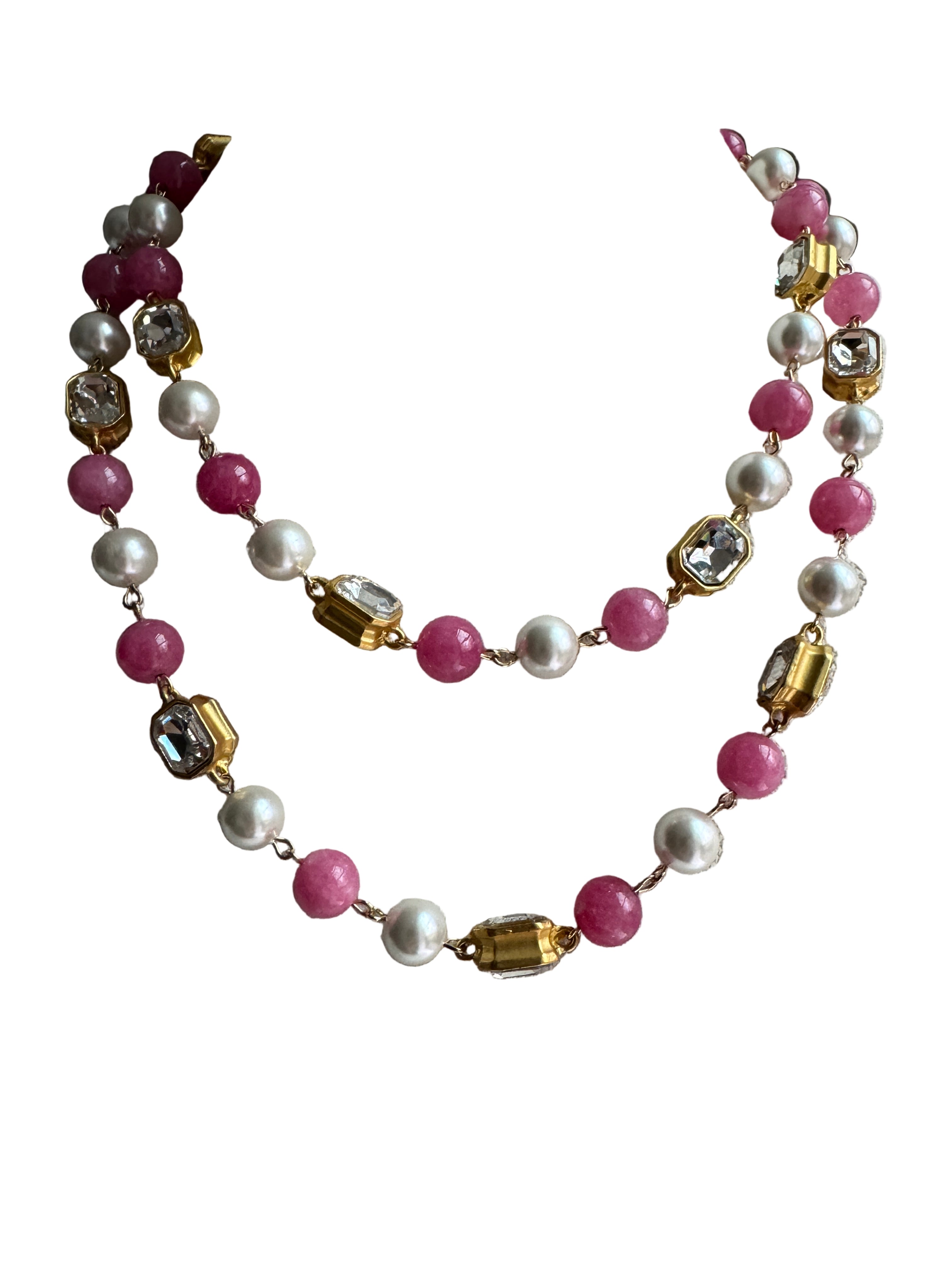 French Blue or Pink Glass Long Pearl Necklace