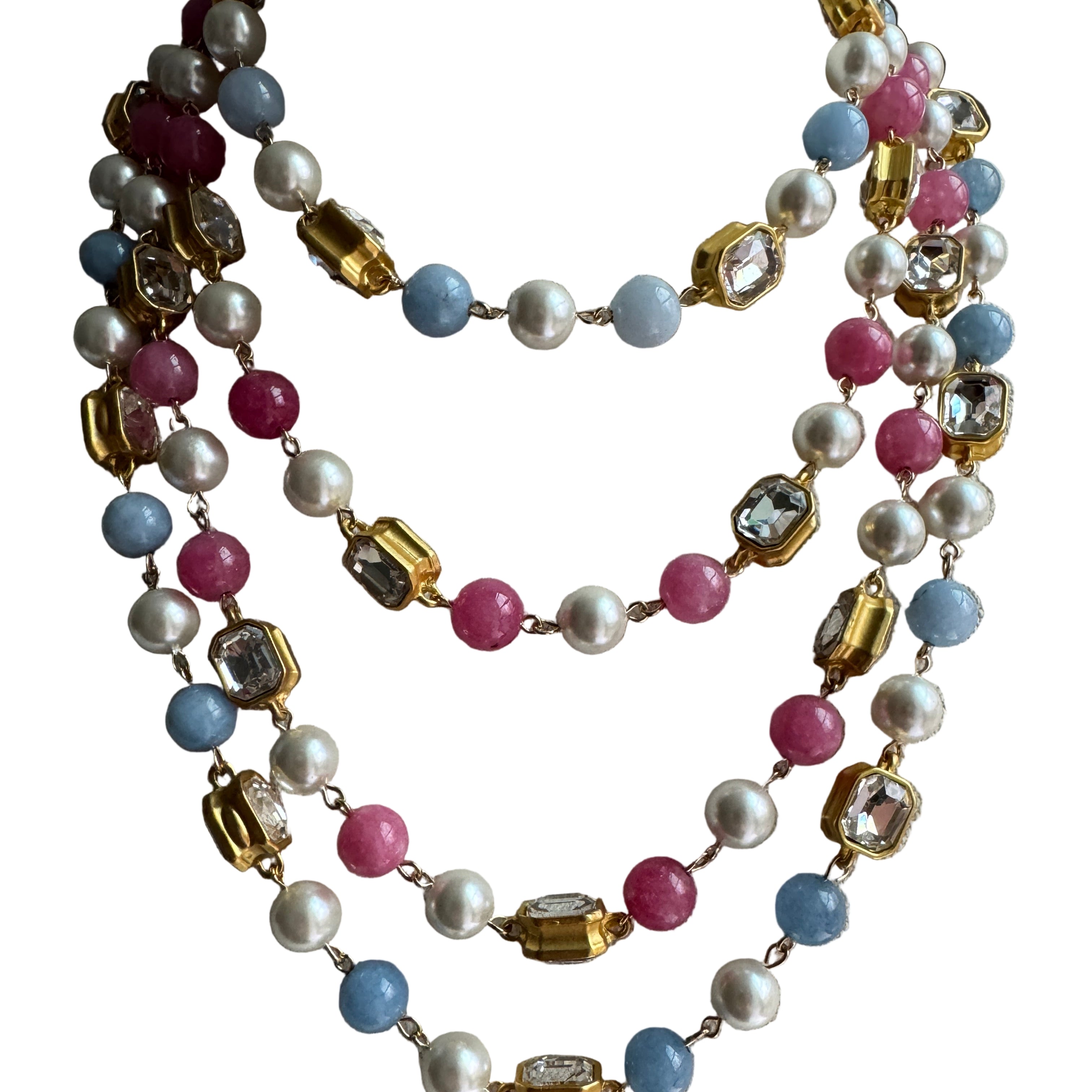 French Blue or Pink Glass Long Pearl Necklace