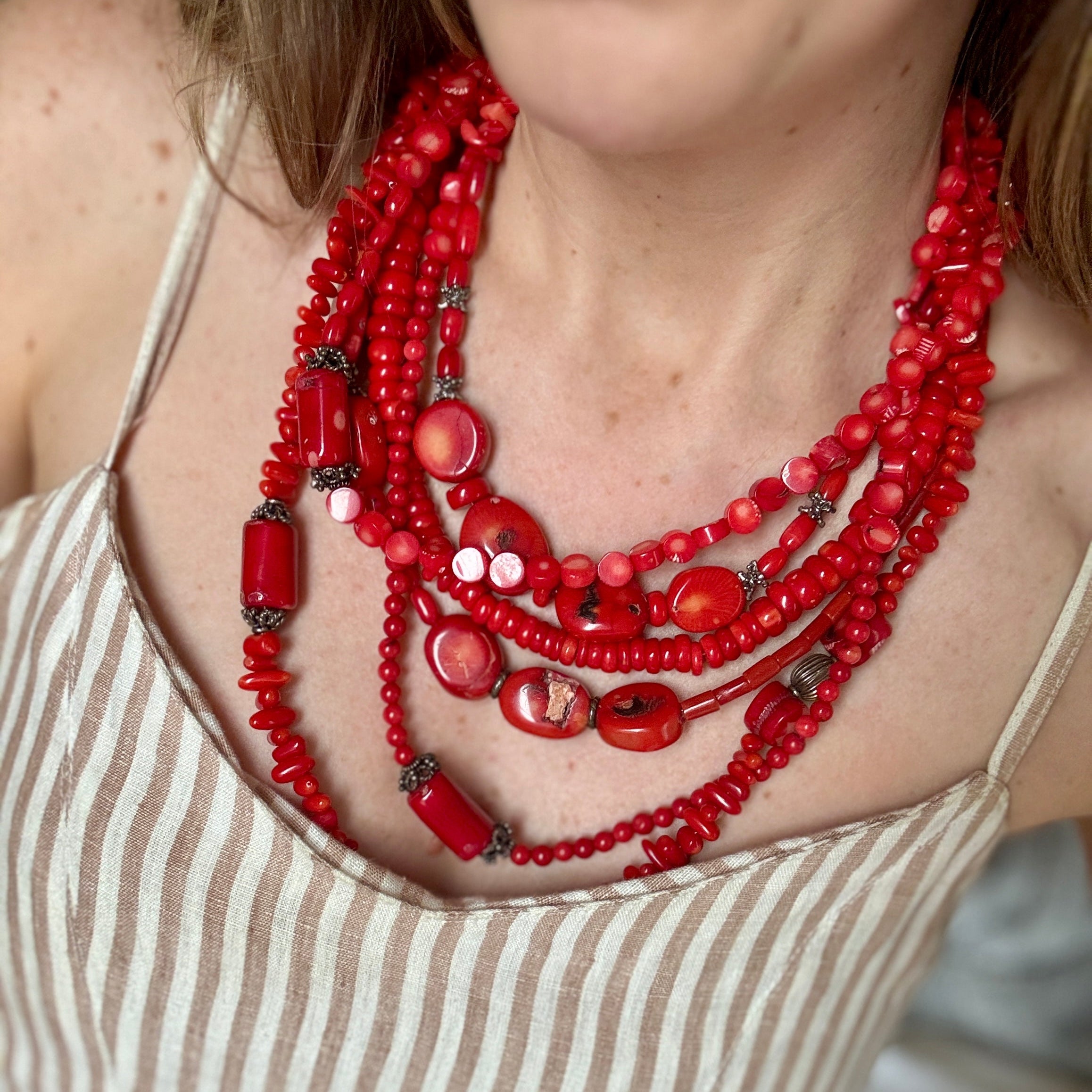 Vintage Red Coral Multi Layer Necklace