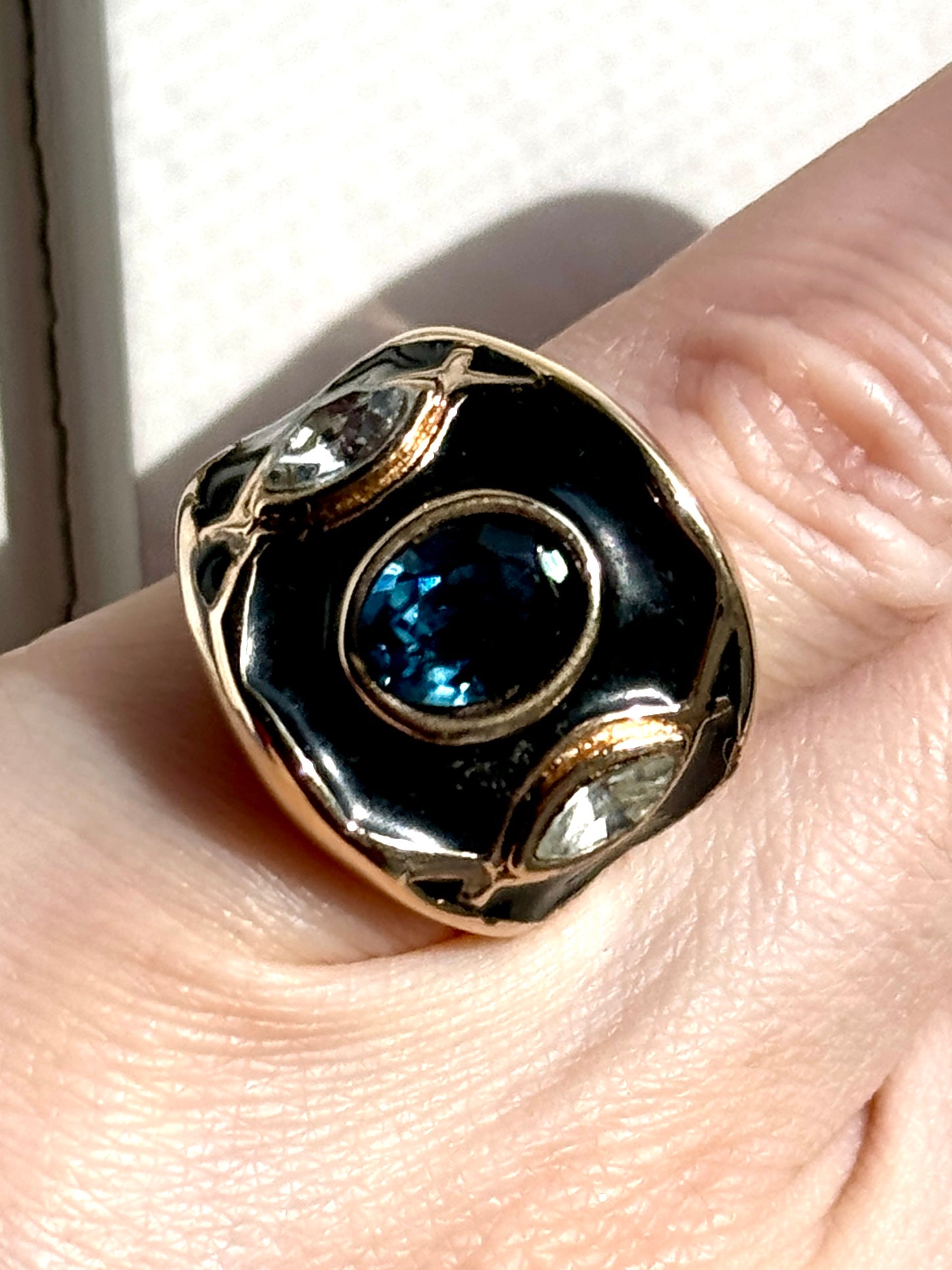 Black Enamel Blue Crystal Ring Size 5