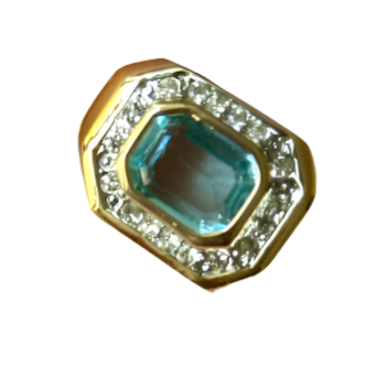 80s Aqua Blue Crystal 18K Gold Plate Ring Size 7