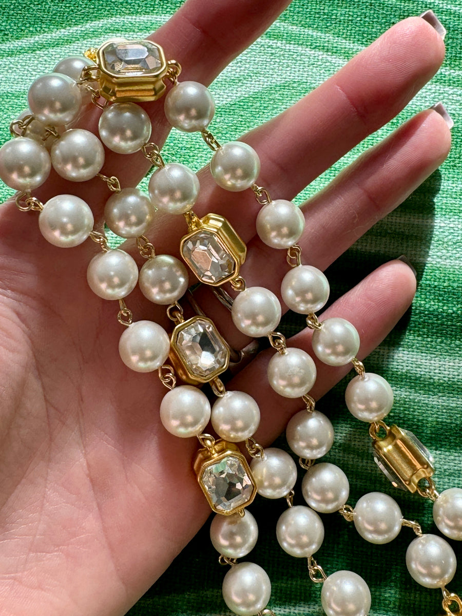 Extra Long French Faux Pearl Crystal Necklace