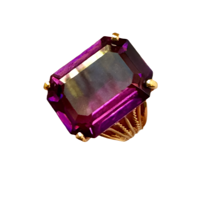 80s Purple Amethyst Crystal Gold Cocktail Ring Size 7.5