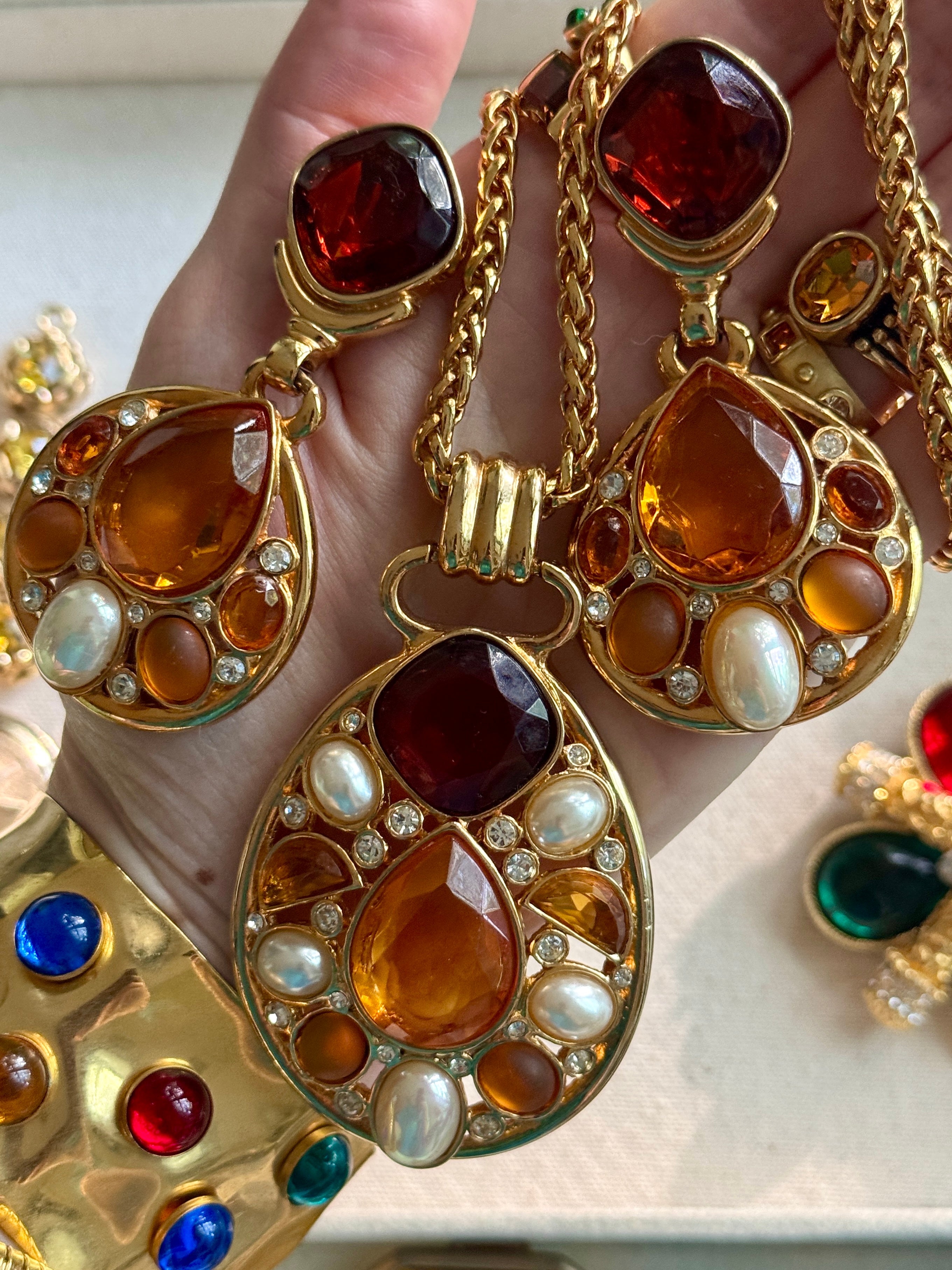 Vintage Designer Citrine, Topaz Crystal & Pearl Earrings