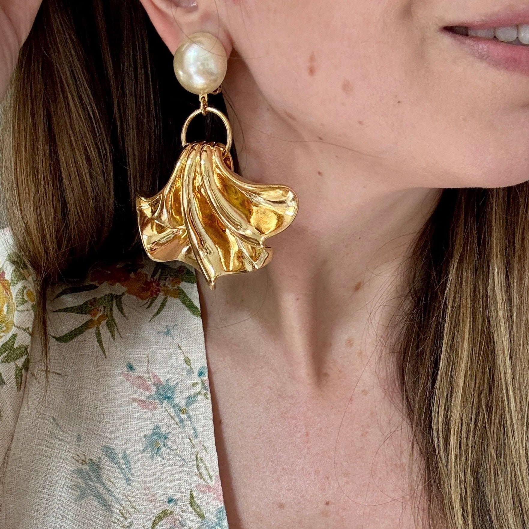 French Gold Fan and Pearl Clip-On Earrings