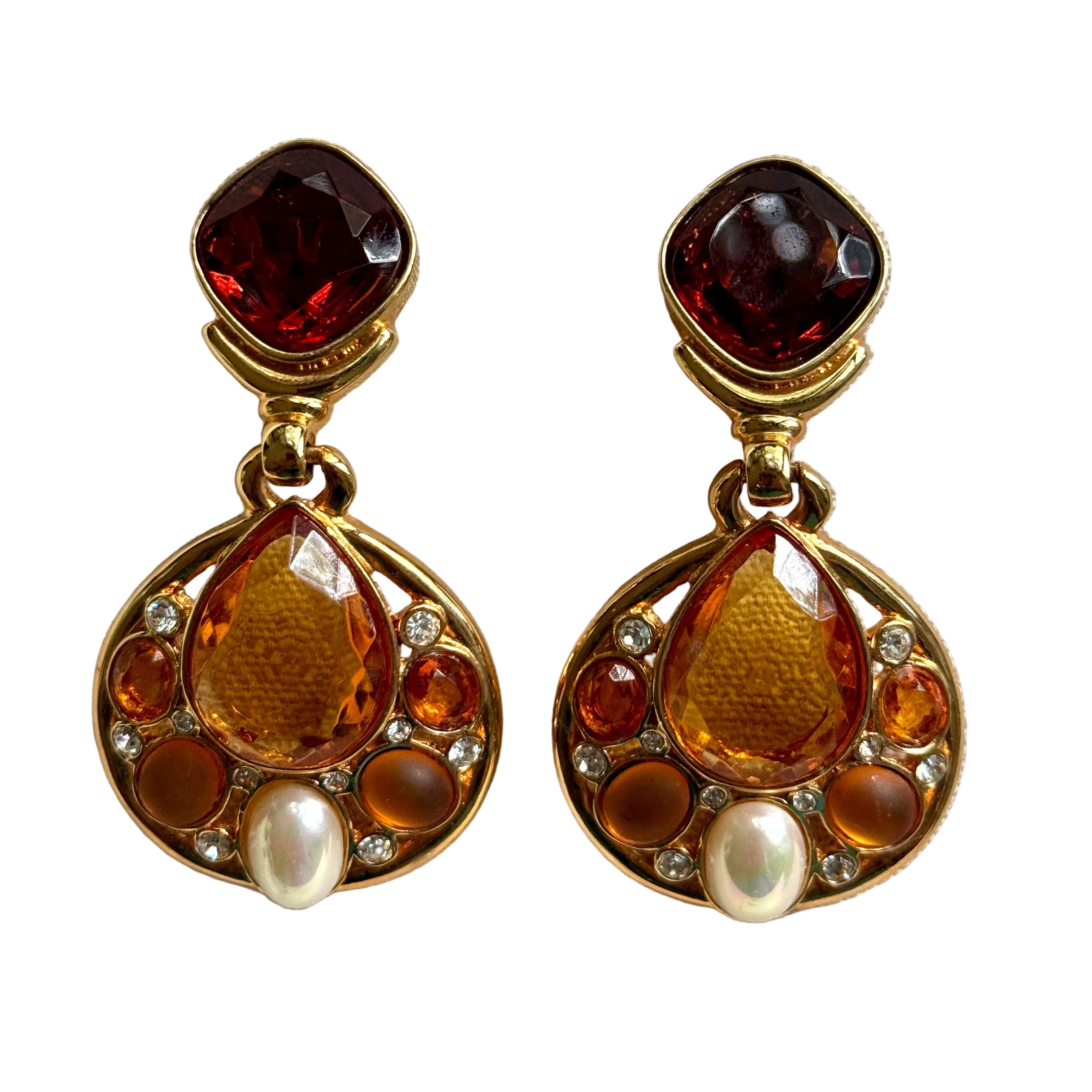 Vintage Designer Citrine, Topaz Crystal & Pearl Earrings