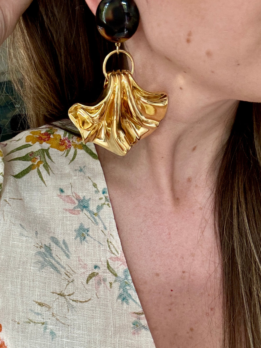 French Gold Fan &amp; Tortoise Statement Earrings