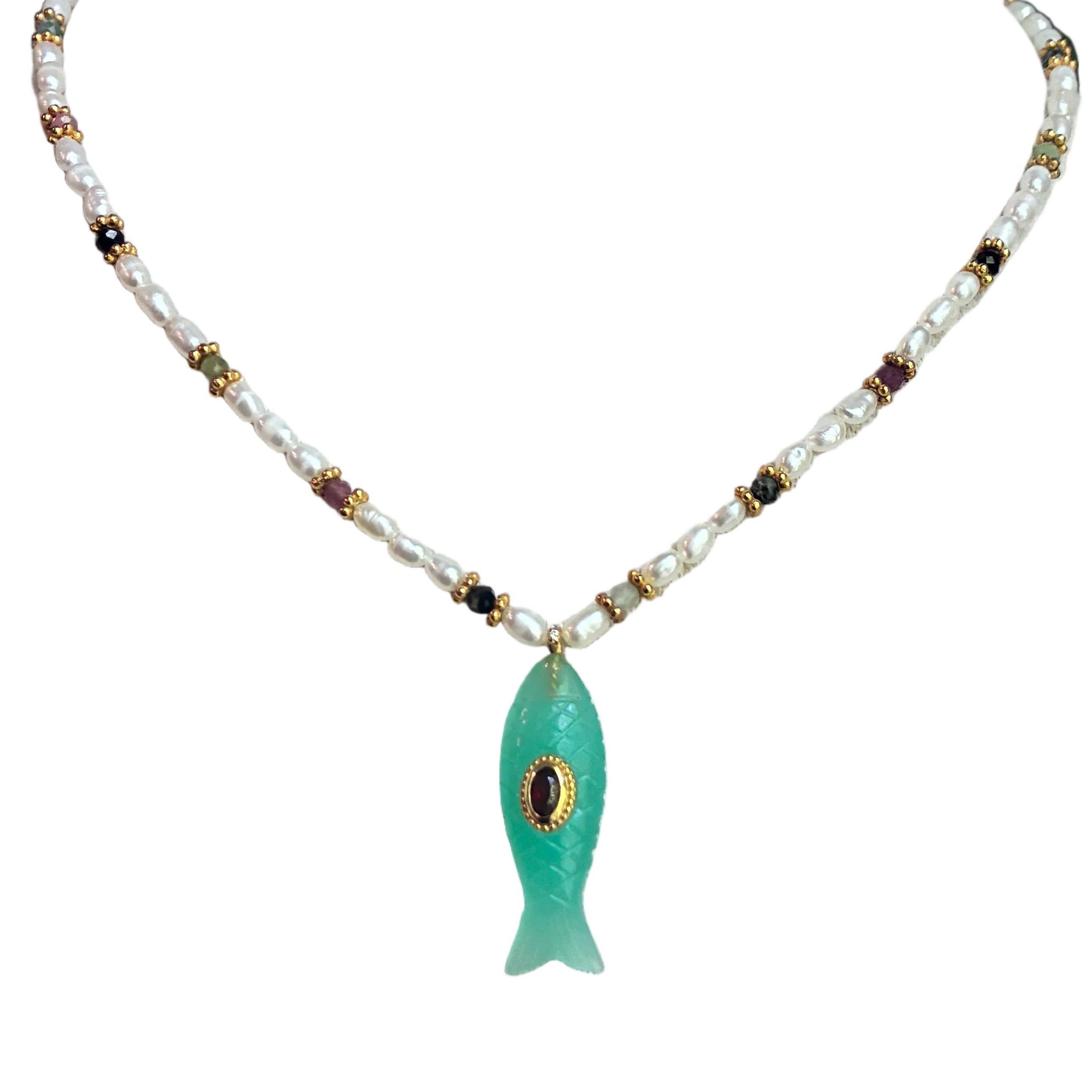 French Pearl & Amazonite Fish Charm Necklace