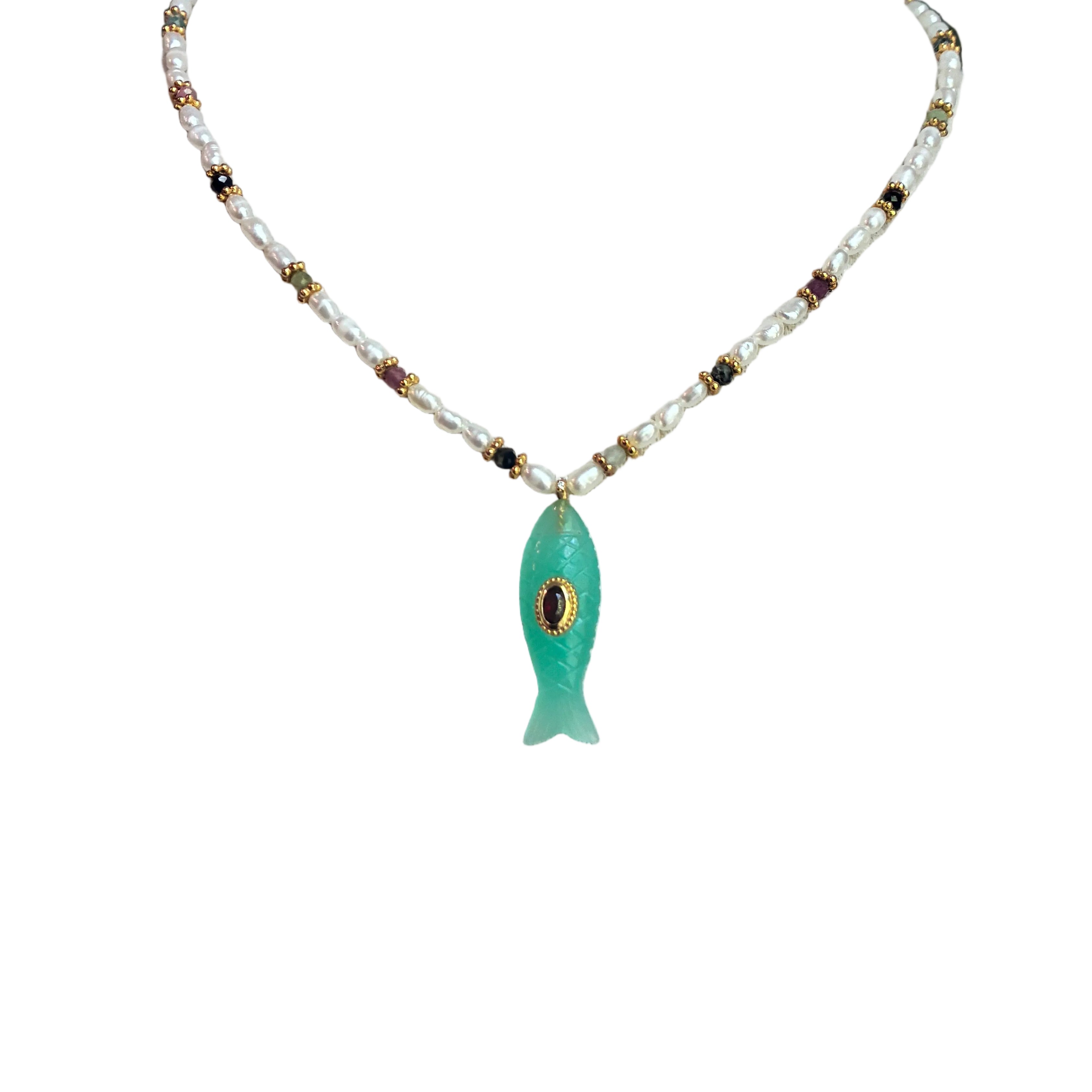 French Pearl & Amazonite Fish Charm Necklace
