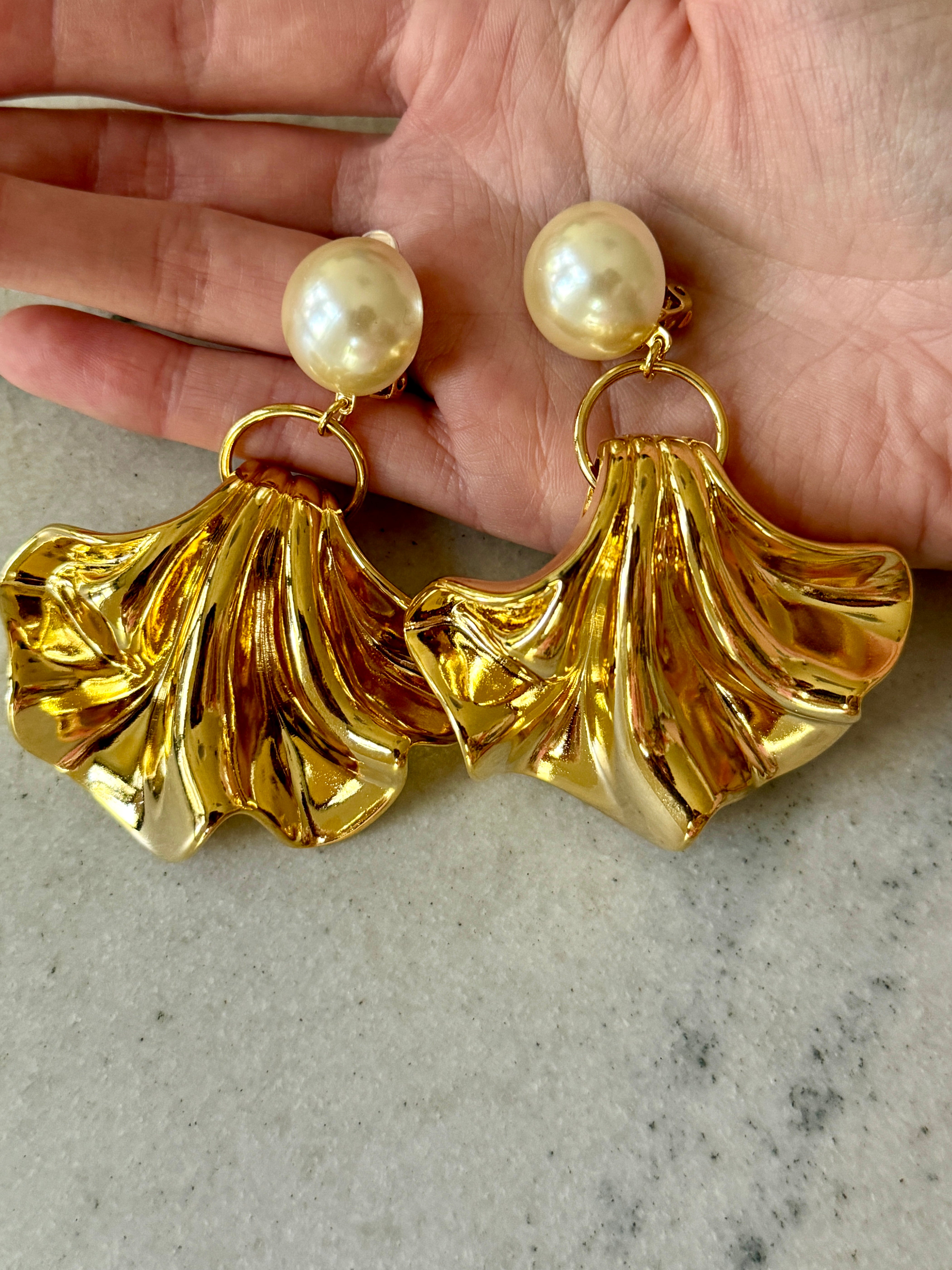 French Gold Fan and Pearl Clip-On Earrings