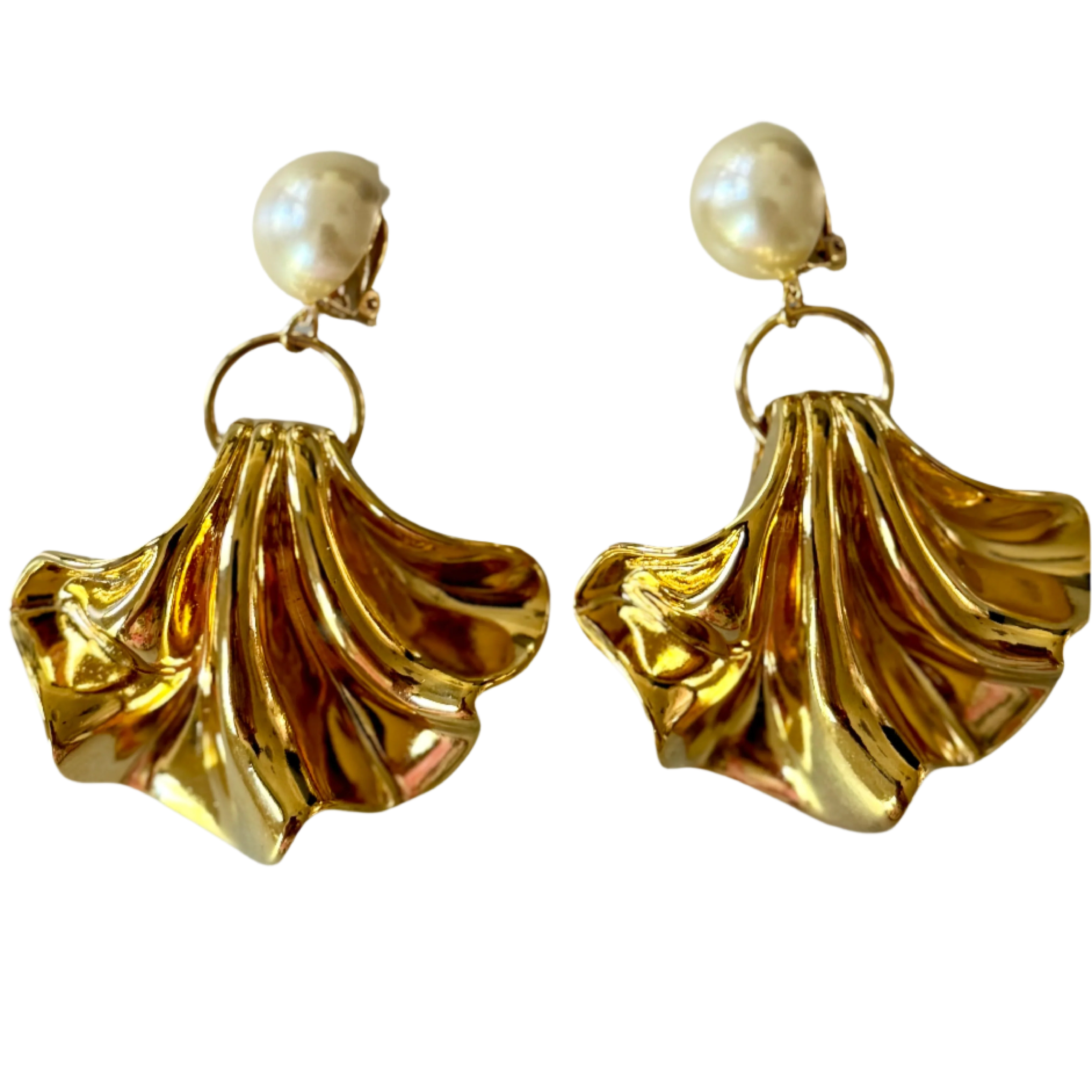 French Gold Fan and Pearl Clip-On Earrings