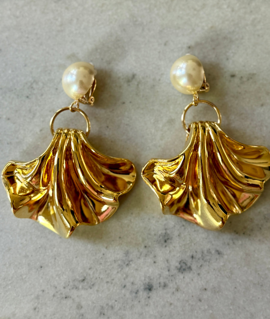 French Gold Fan & Pearl Statement Earrings