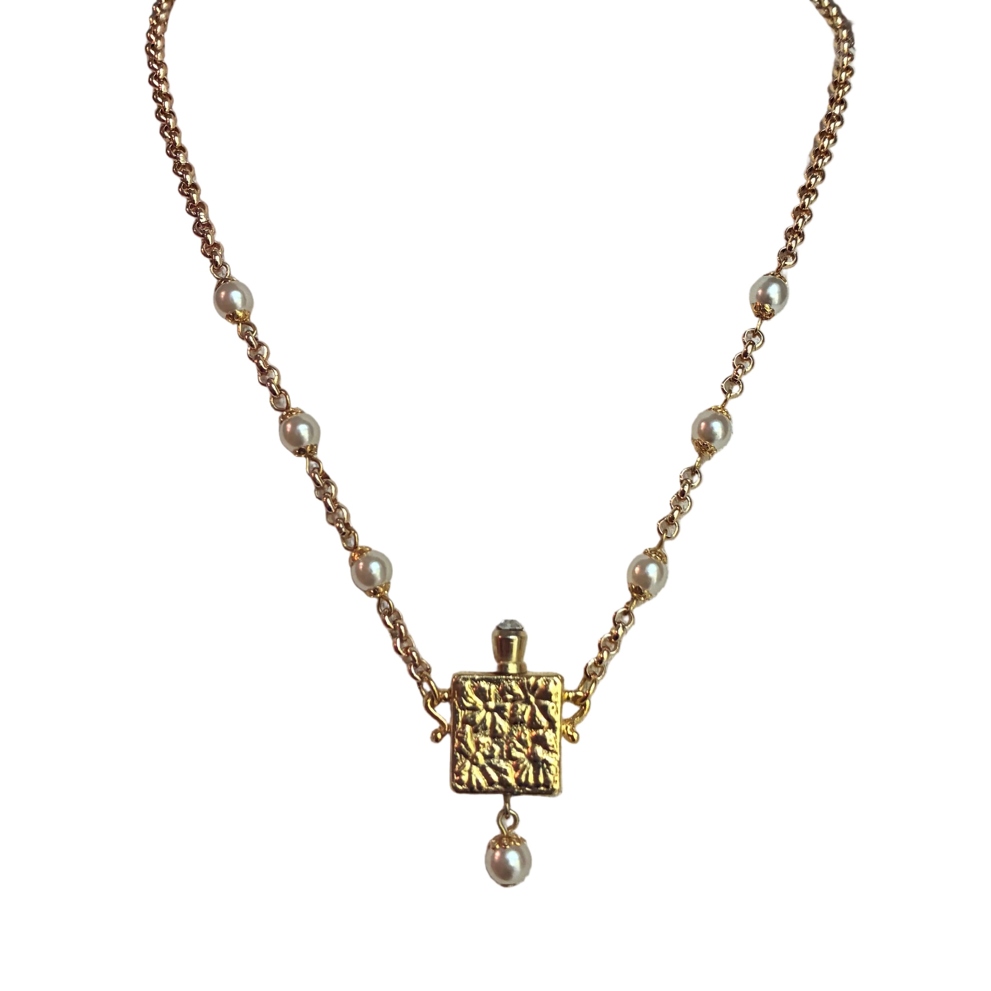 French Vintage Gold Pearl Perfume Bottle Necklace