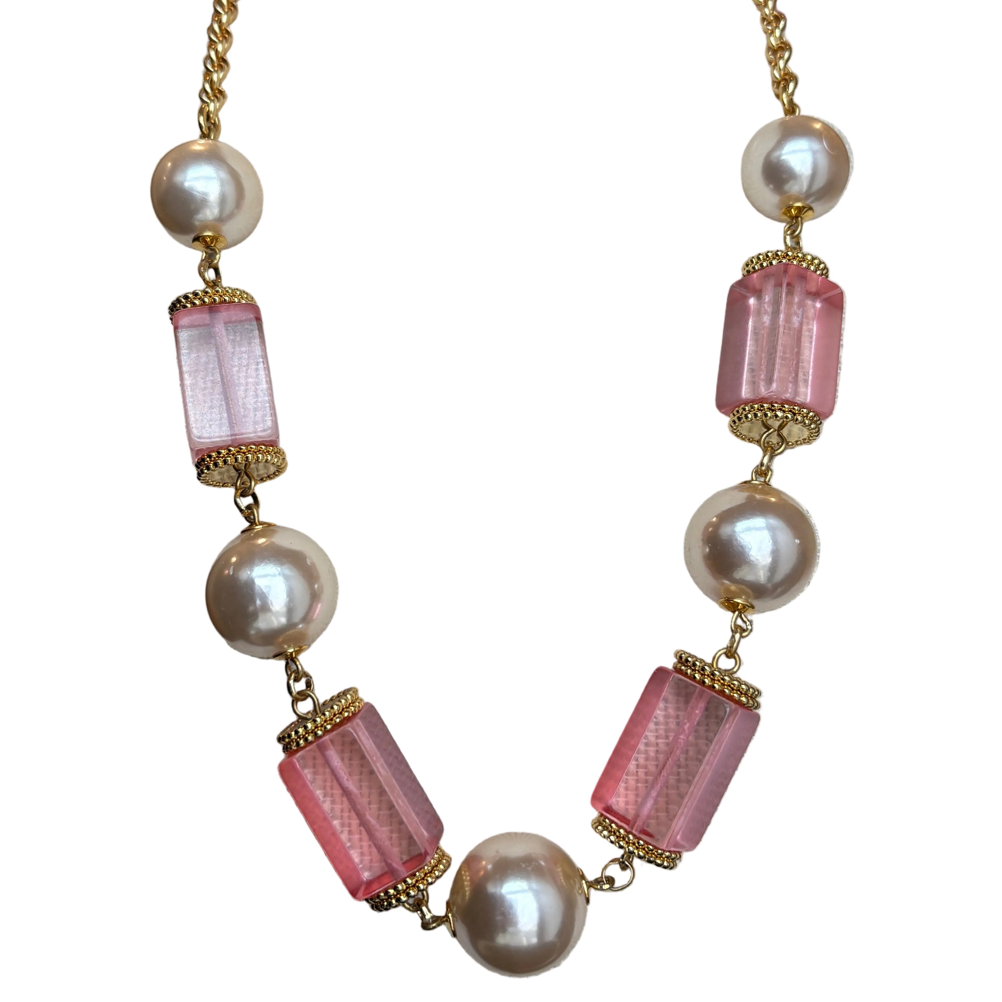 Vintage Pink Lucite and Champagne Pearl Necklace