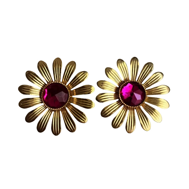 Vintage Italian Gold & Pink Crystal Daisy Earrings