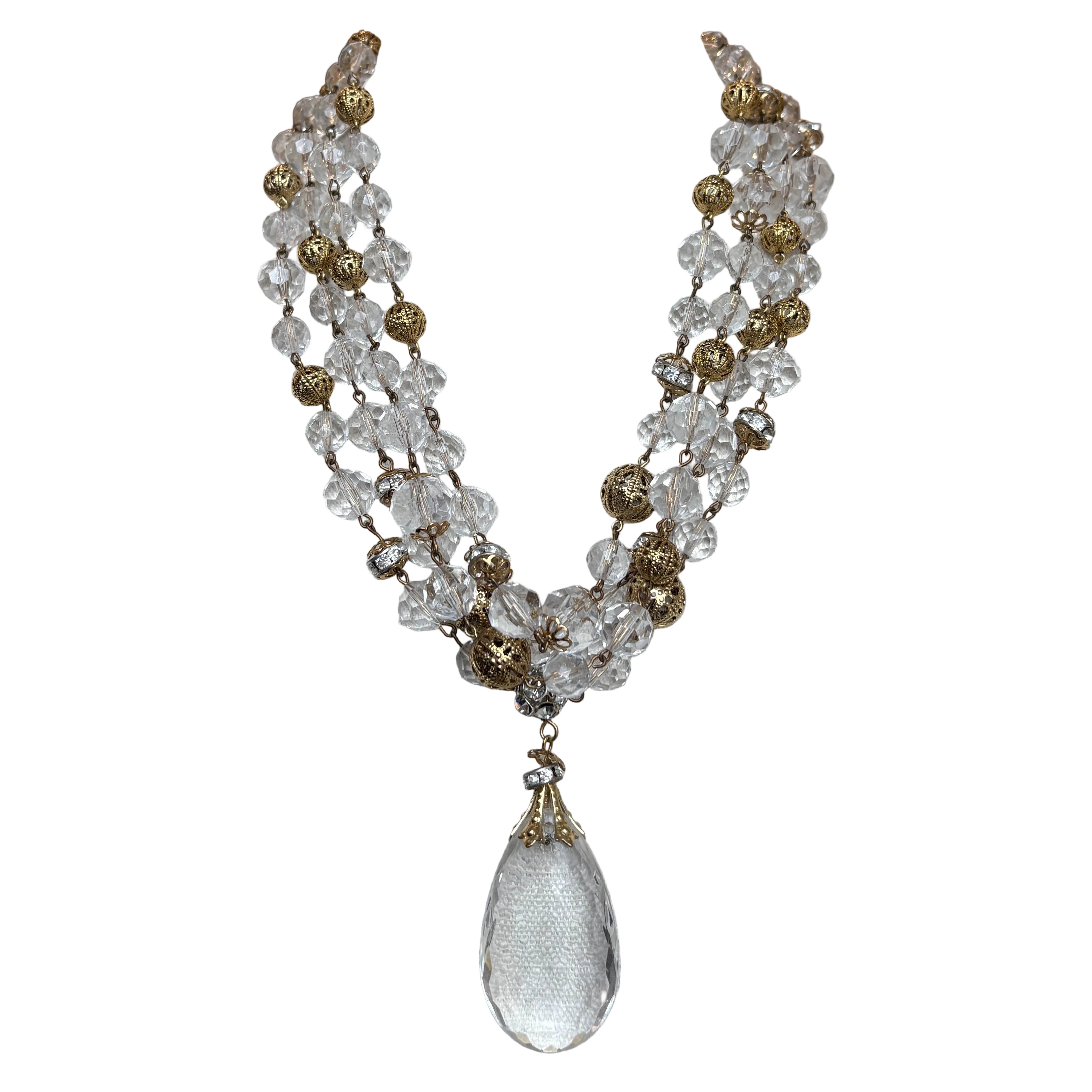 Vintage Lucite Crystal Filagree Crystal Drop Necklace