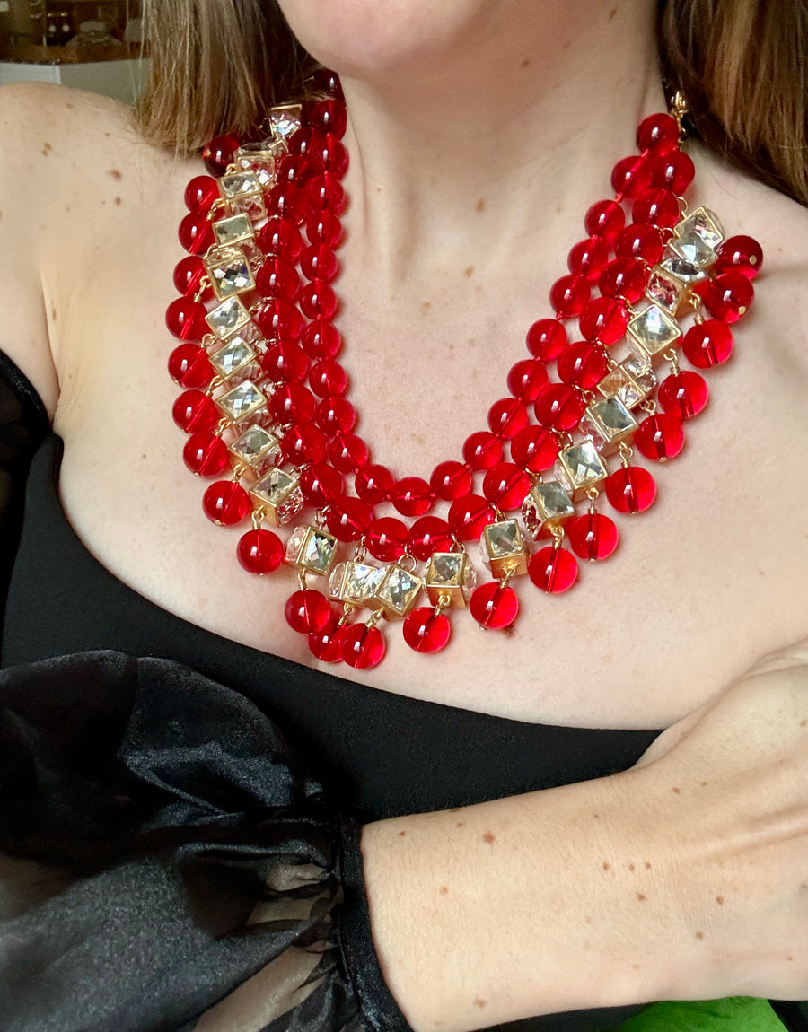 Striking Red Jewel Glass Statement Necklace