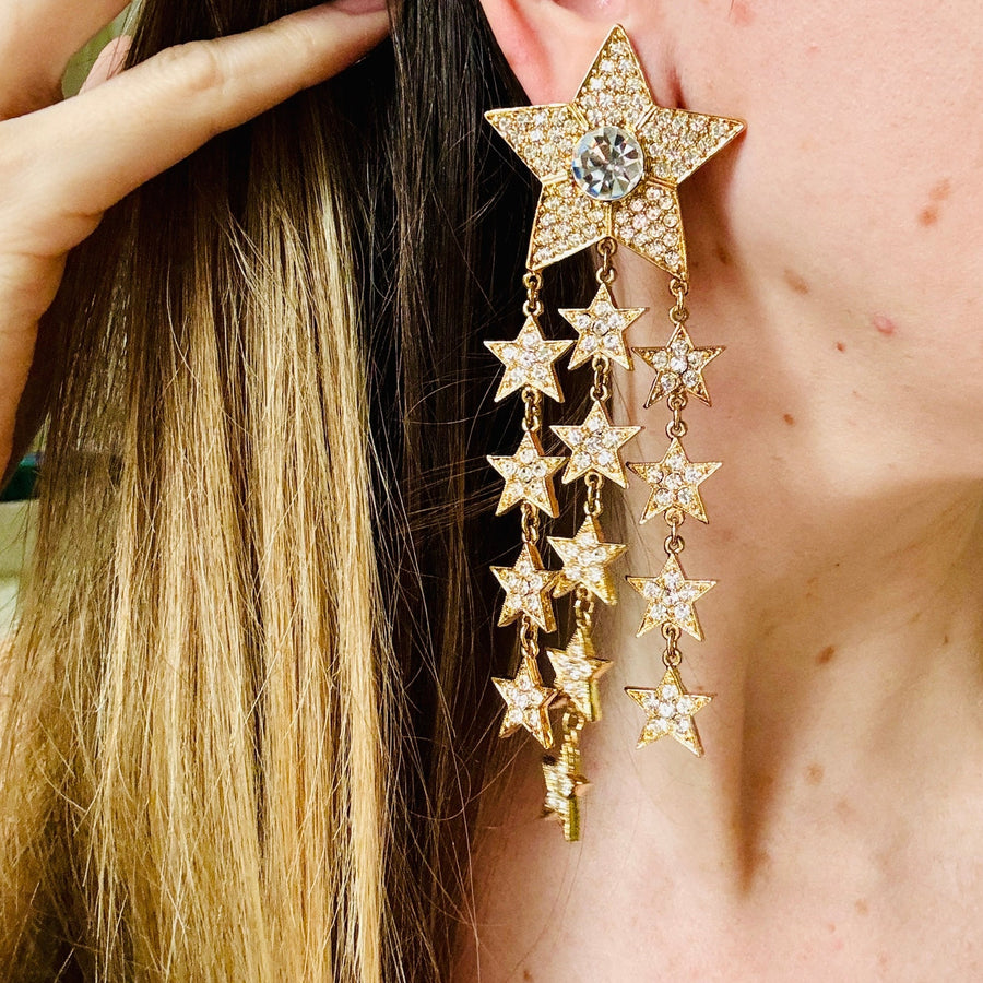 Crystal Star Cascade Shoulder Duster Clip On Earrings