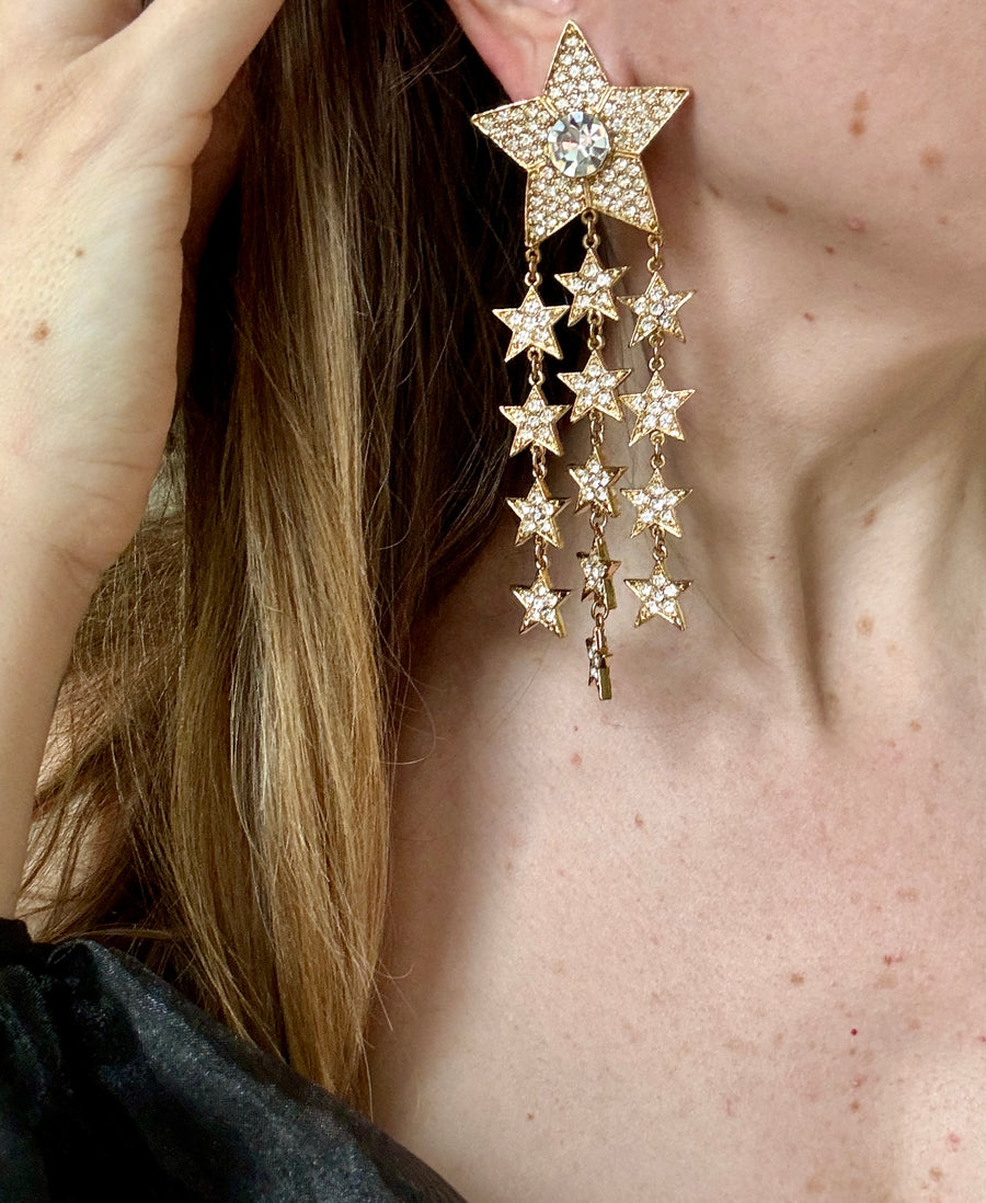 Fabulous Crystal Star Cascade Shoulder Duster Clip On Earrings