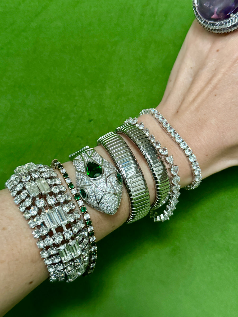 Huge Emerald Crystal Sterling Silver Triple Coil Snake Bracelet