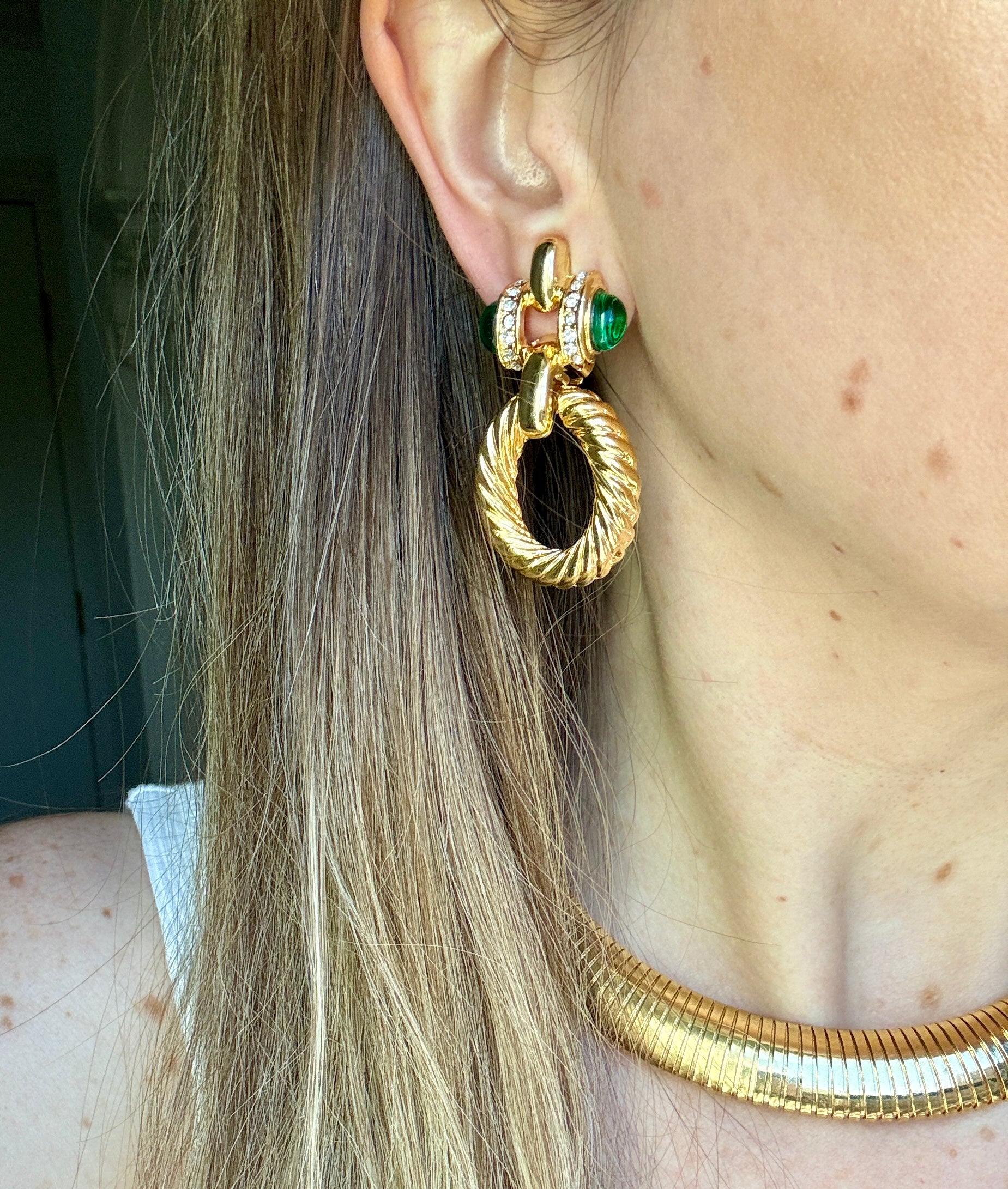 Green Glass and Twisted Gold Door Knocker Earrings