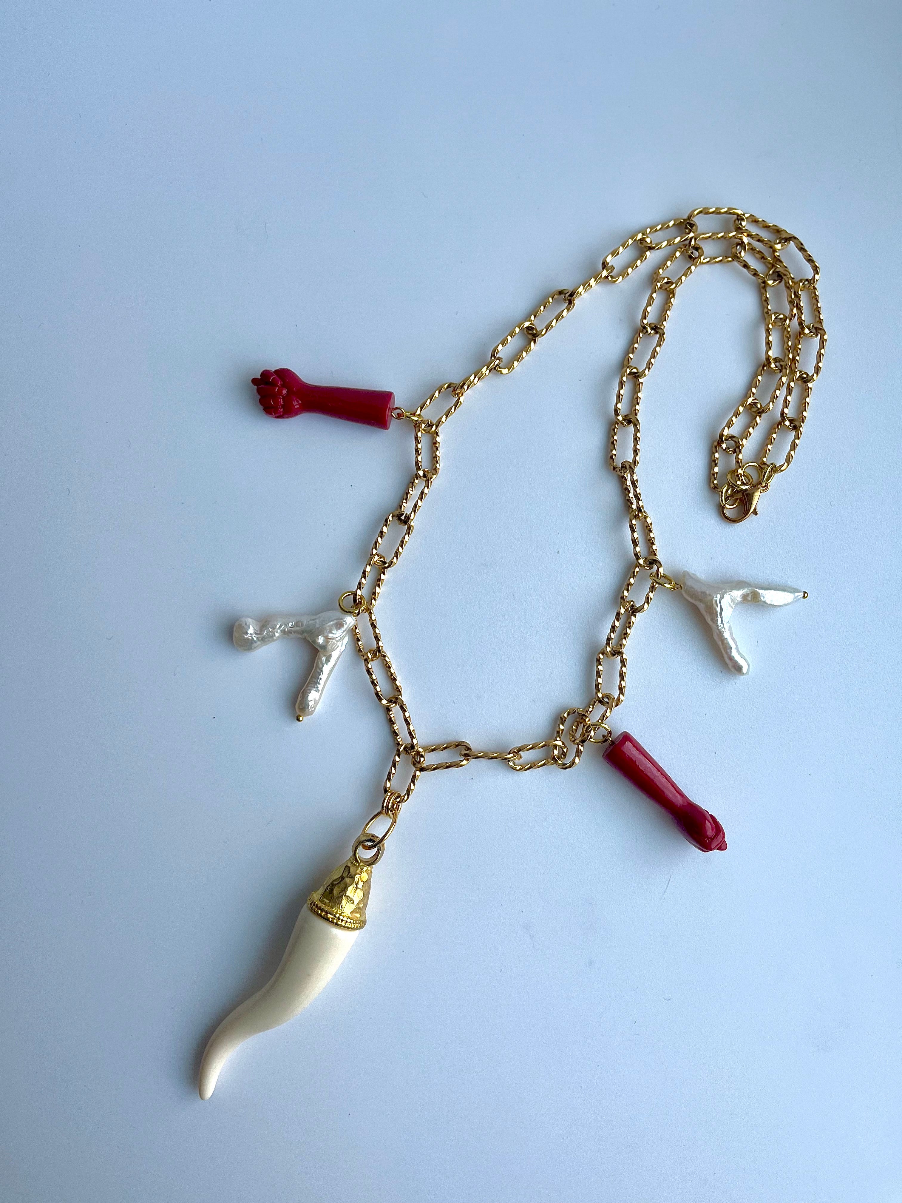 Mano Figa Pearl Coral Resin Horn Charm Necklace