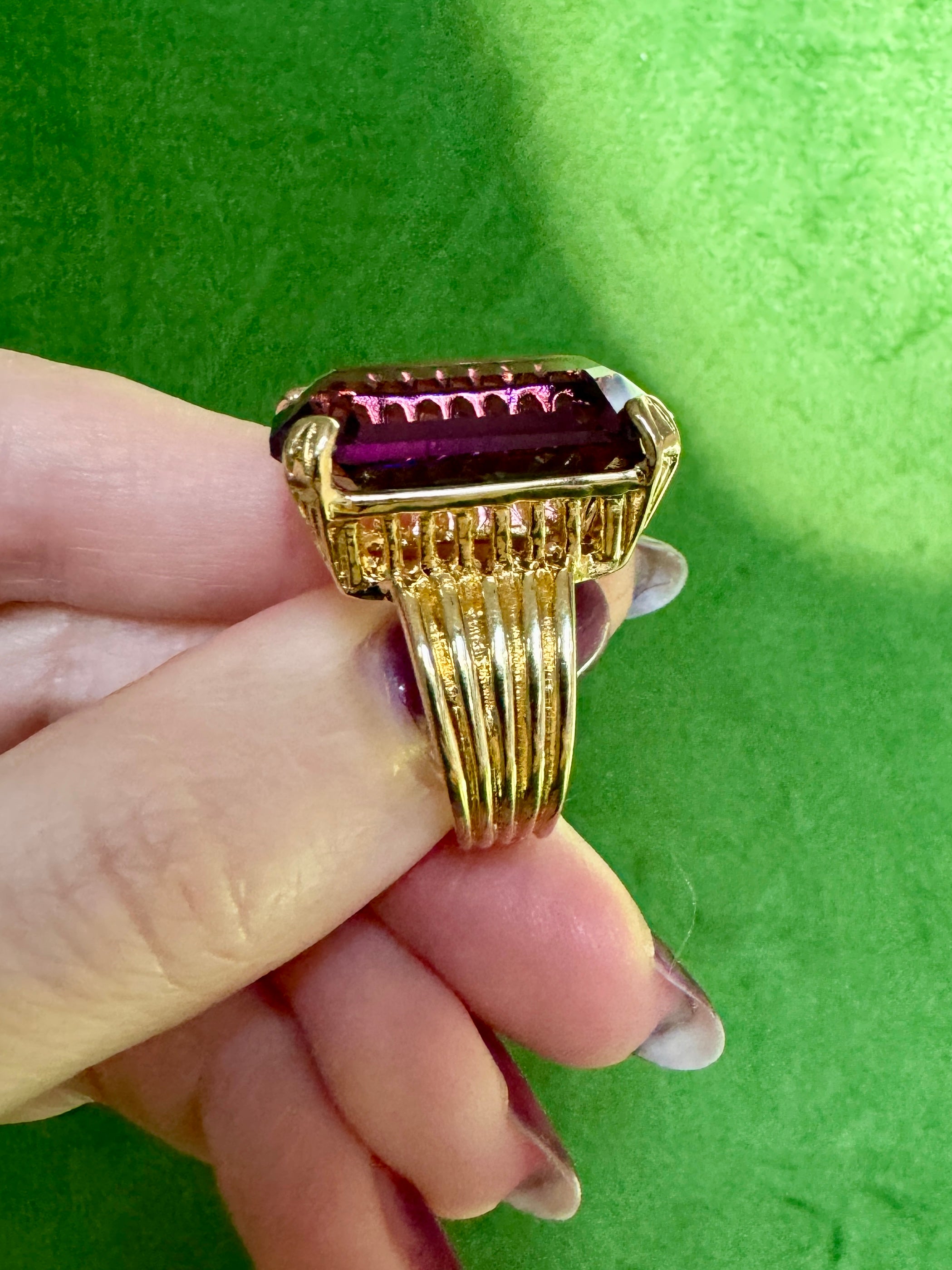 18K Huge Purple Crystal Gold Cocktail Ring Size 7