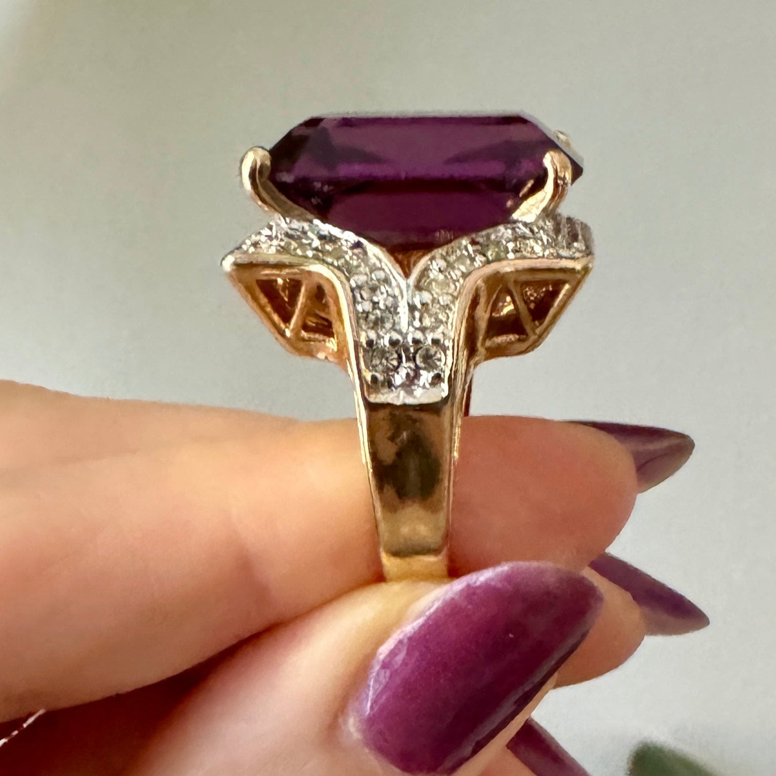 80s Purple Crystal & Crystal Pave 18K Gold Plate Cocktail Ring Size 6