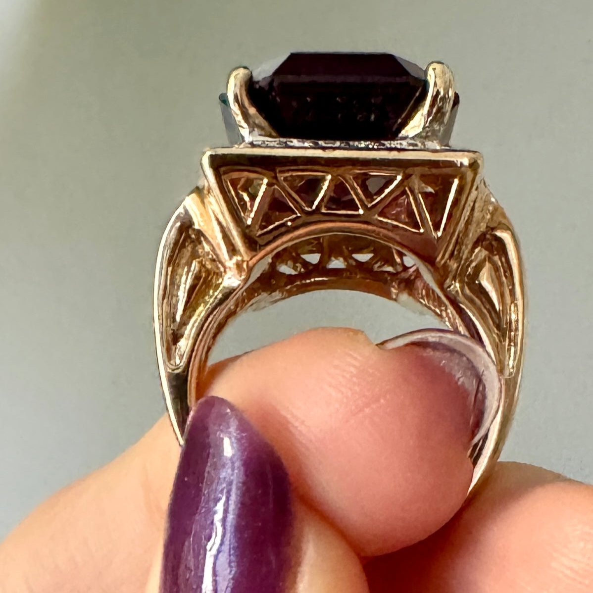 80s Purple Crystal & Crystal Pave 18K Gold Plate Cocktail Ring Size 6