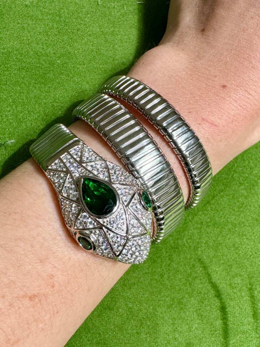Huge Emerald Crystal Sterling Silver Triple Coil Snake Bracelet