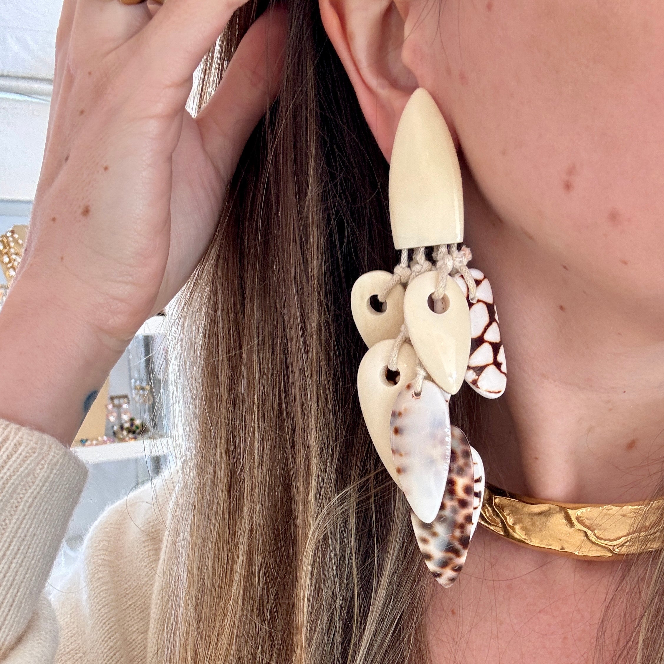 Monies Couture Polished Shell and Horn Statement Earrings