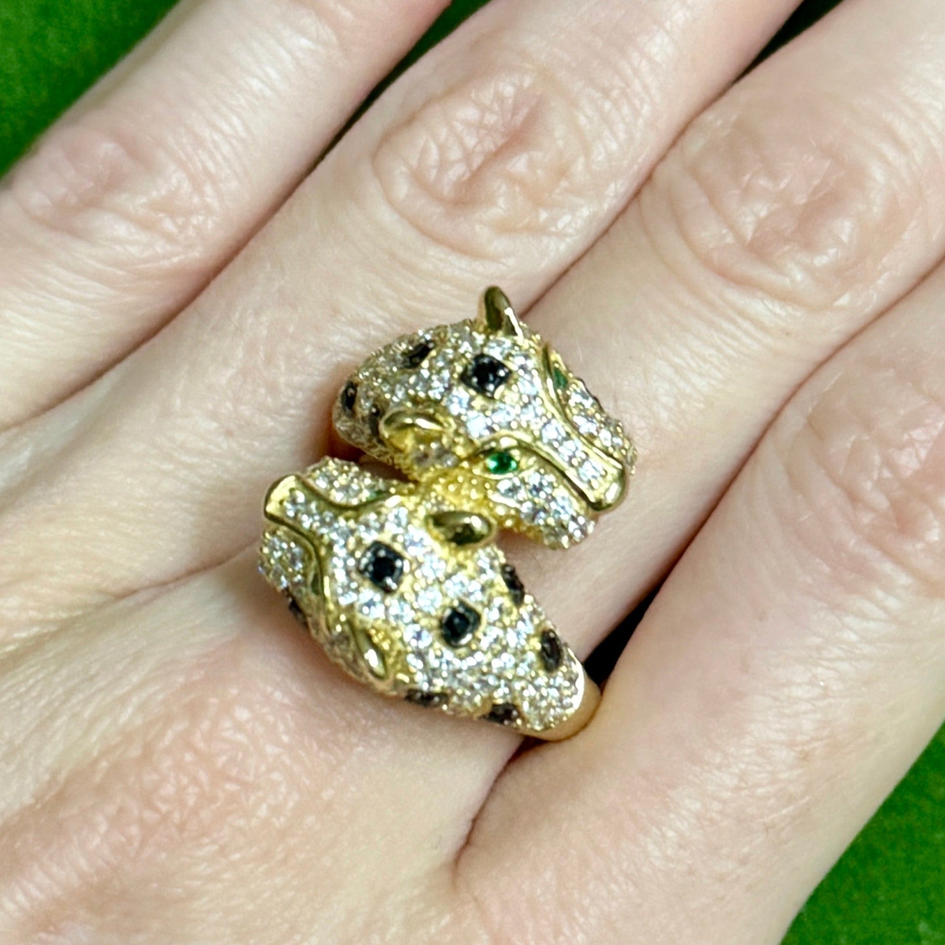 Double Panther Crystal Gold Ring Sizes 6, 7 & 8