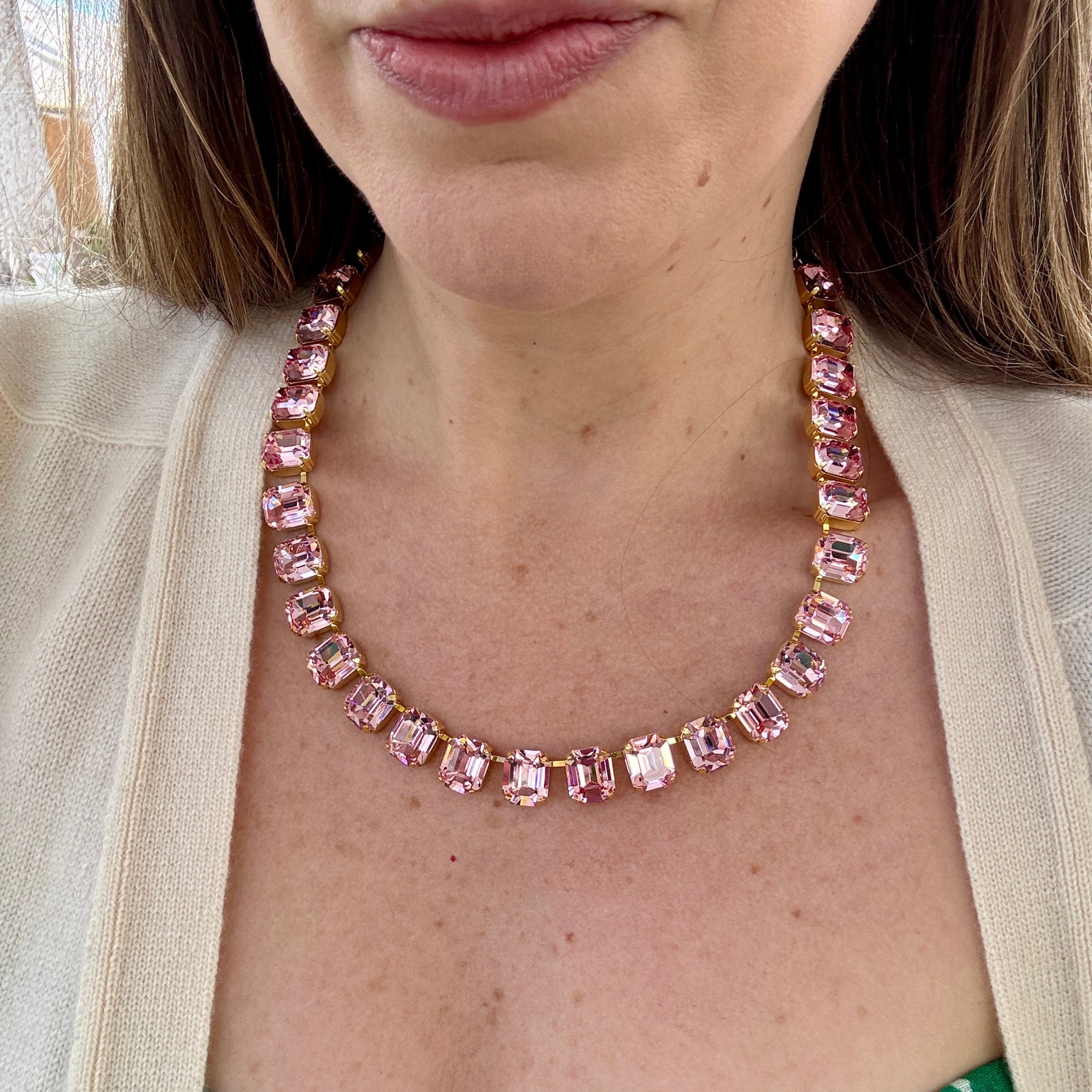 Light Pink Crystal Square Cut Necklace