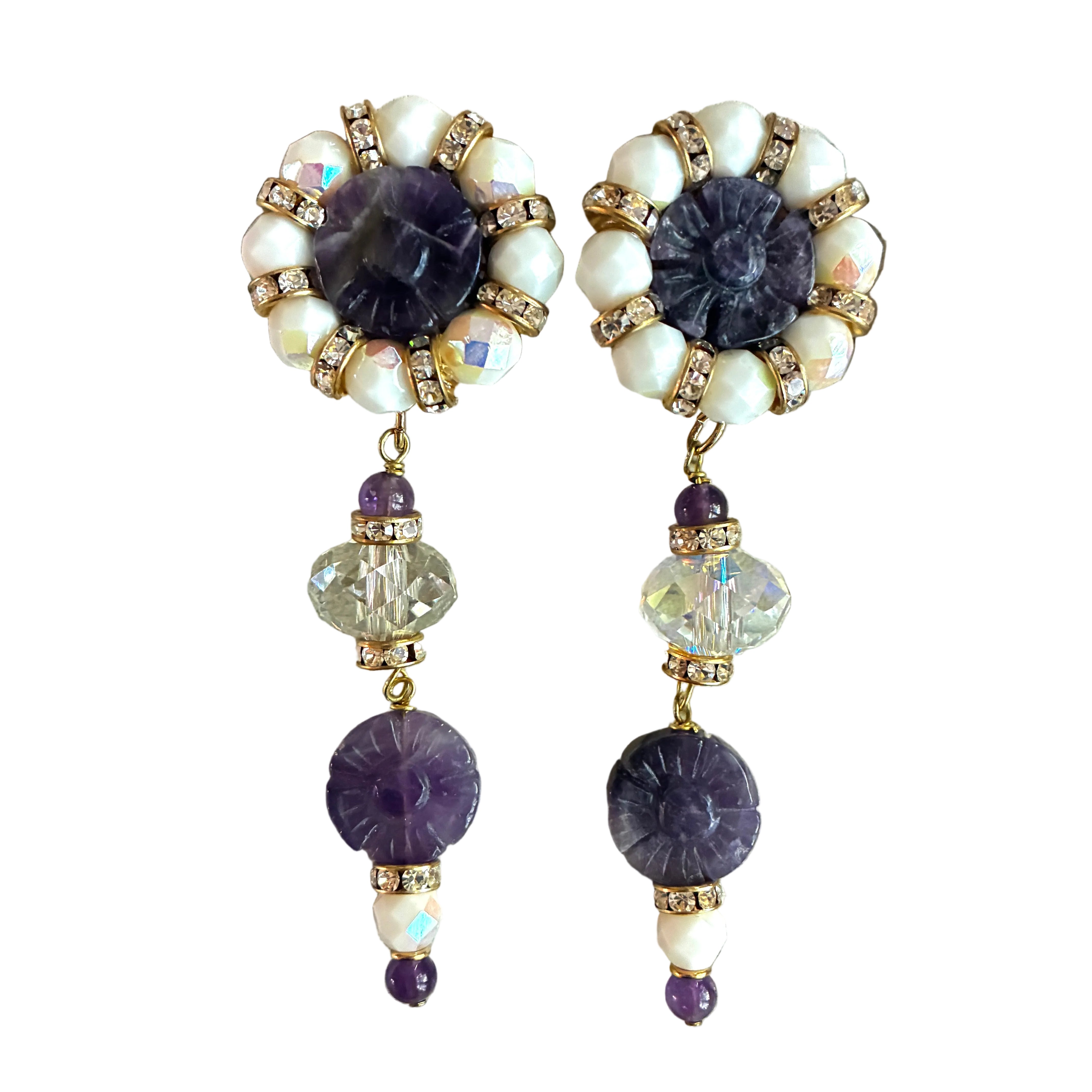 Amethyst and Pearl Flower Drop Earrings