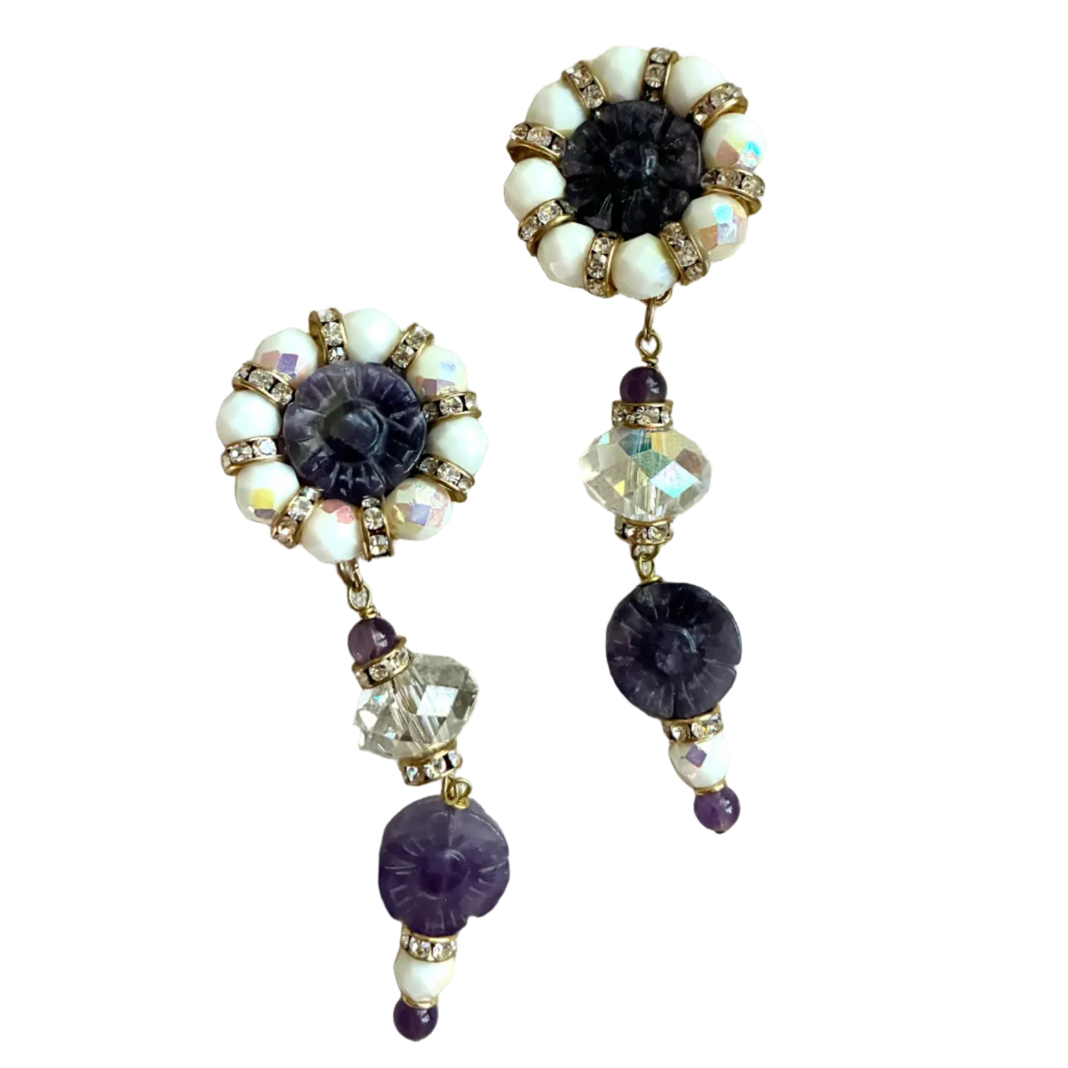 Amethyst and Pearl Flower Drop Earrings