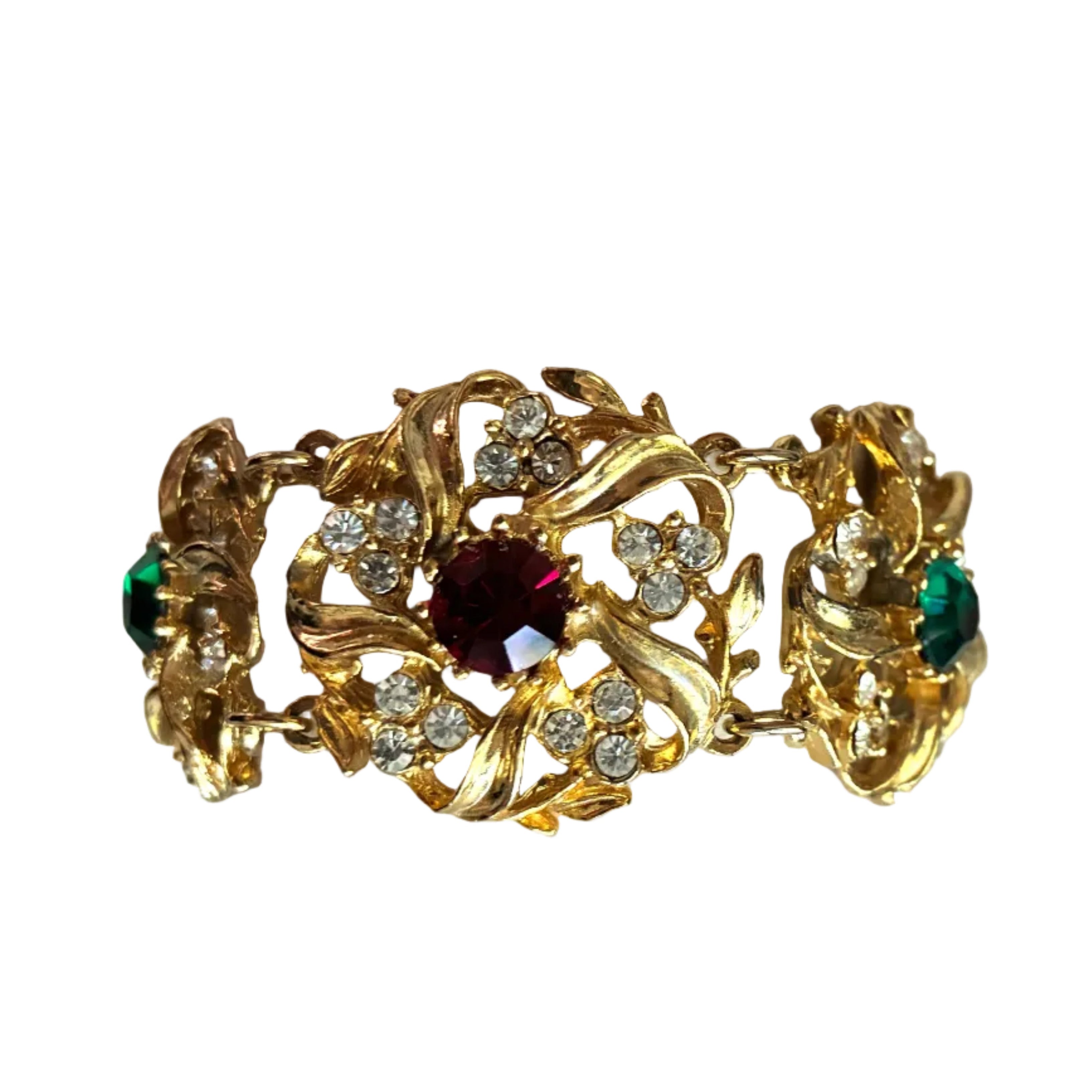 Vintage Gold Flower Bracelet with Green and Red Gems