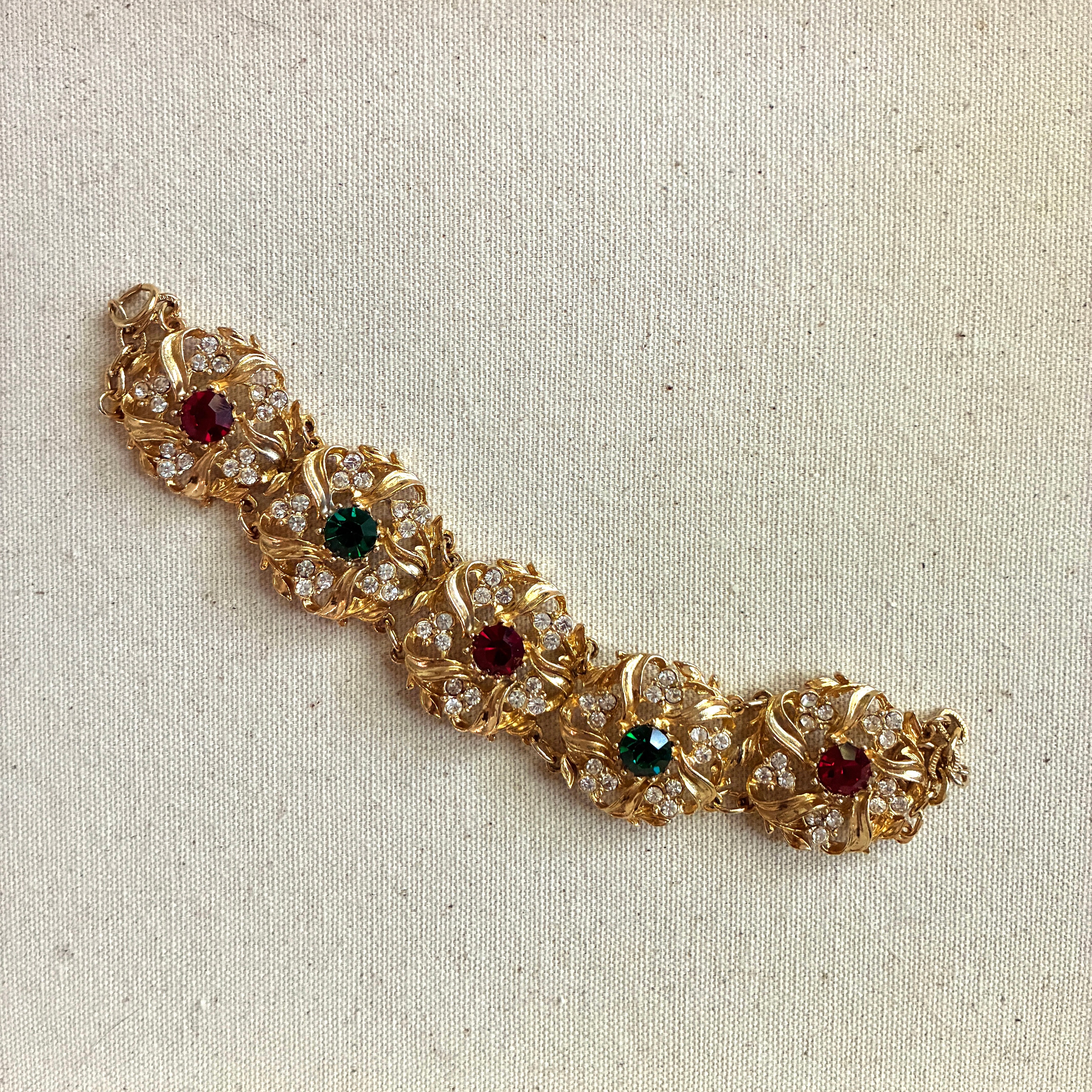 Vintage Gold Flower Bracelet with Green and Red Gems