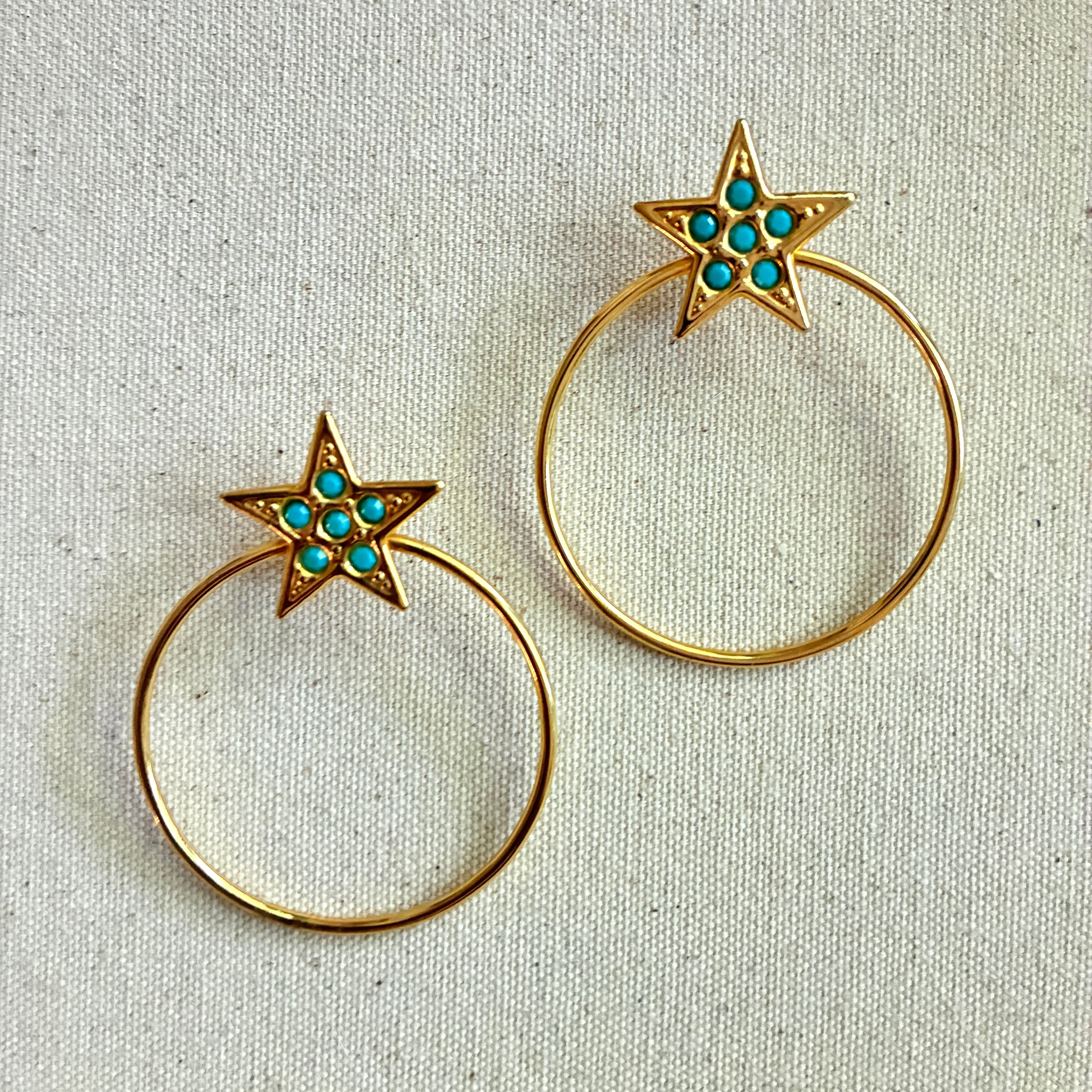 Vintage Italian Gold Hoops with Blue Stars Post Back